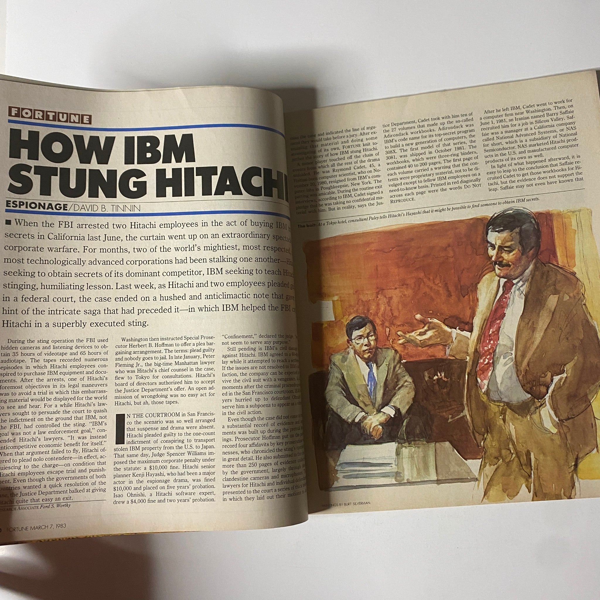 Vintage Fortune Magazine cover featuring the title 'How IBM Stung Hitachi,' March 7, 1983. The article discusses corporate espionage with visuals depicting a business conversation.