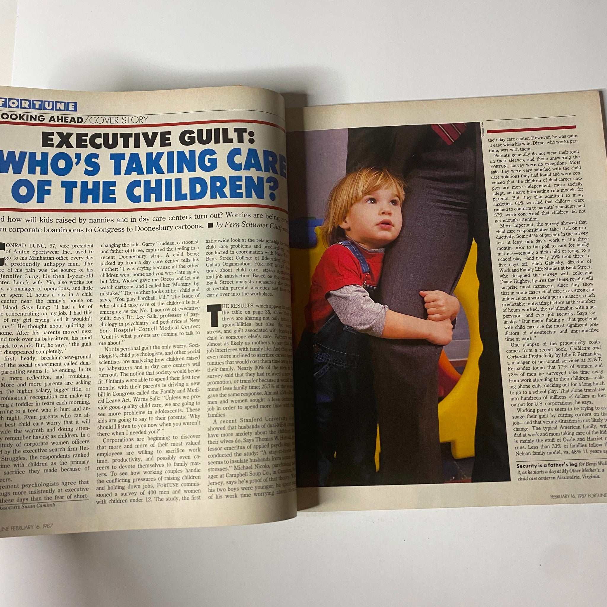 Interior page of Fortune Magazine, February 16, 1987, featuring the article 'Executive Guilt: Who's Taking Care of the Children?' and an image of a young child demonstrating the themes of parenting in corporate life.