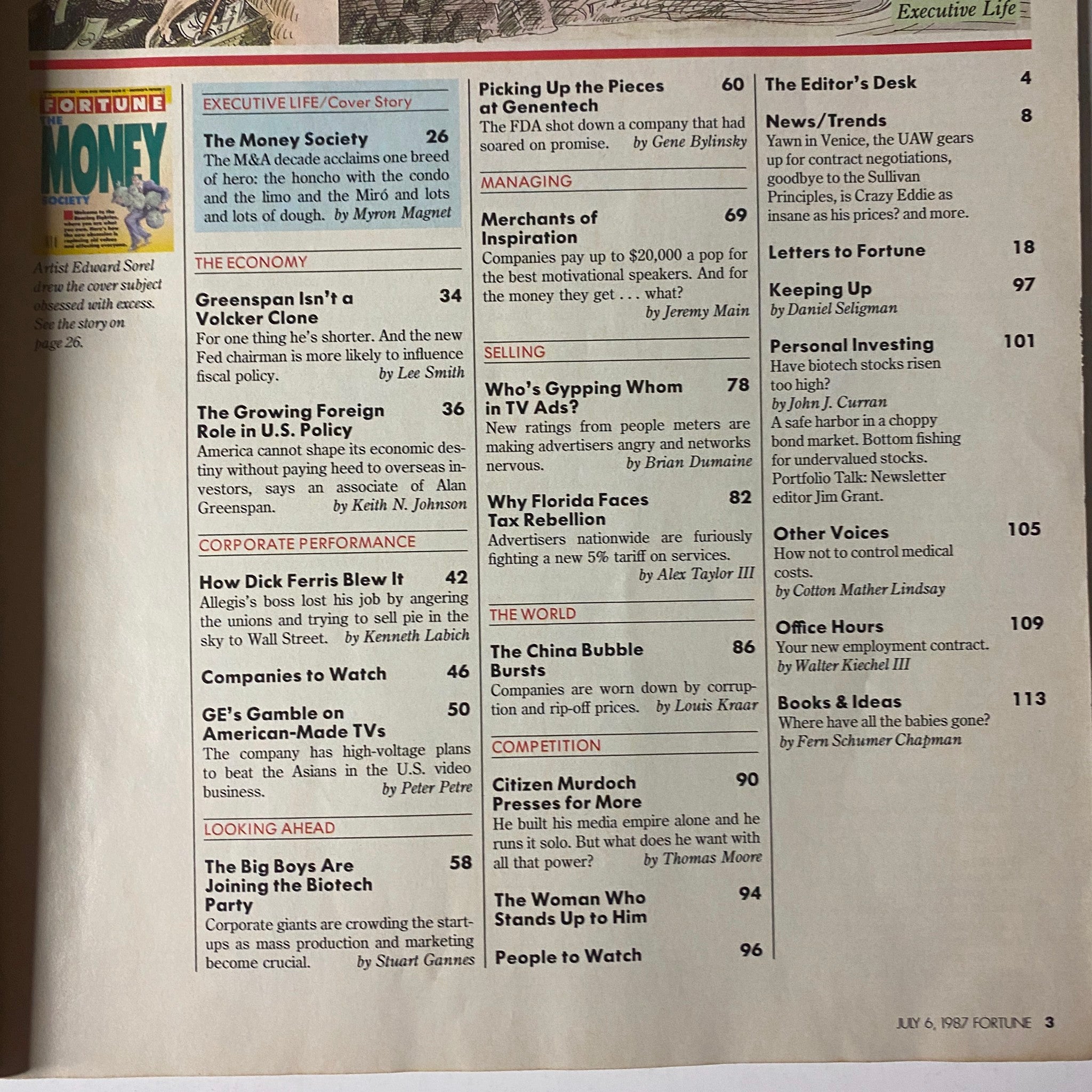 Table of contents from Fortune Magazine July 6, 1987, showcasing key articles and features including 'The Money Society' and insights on corporate performance.