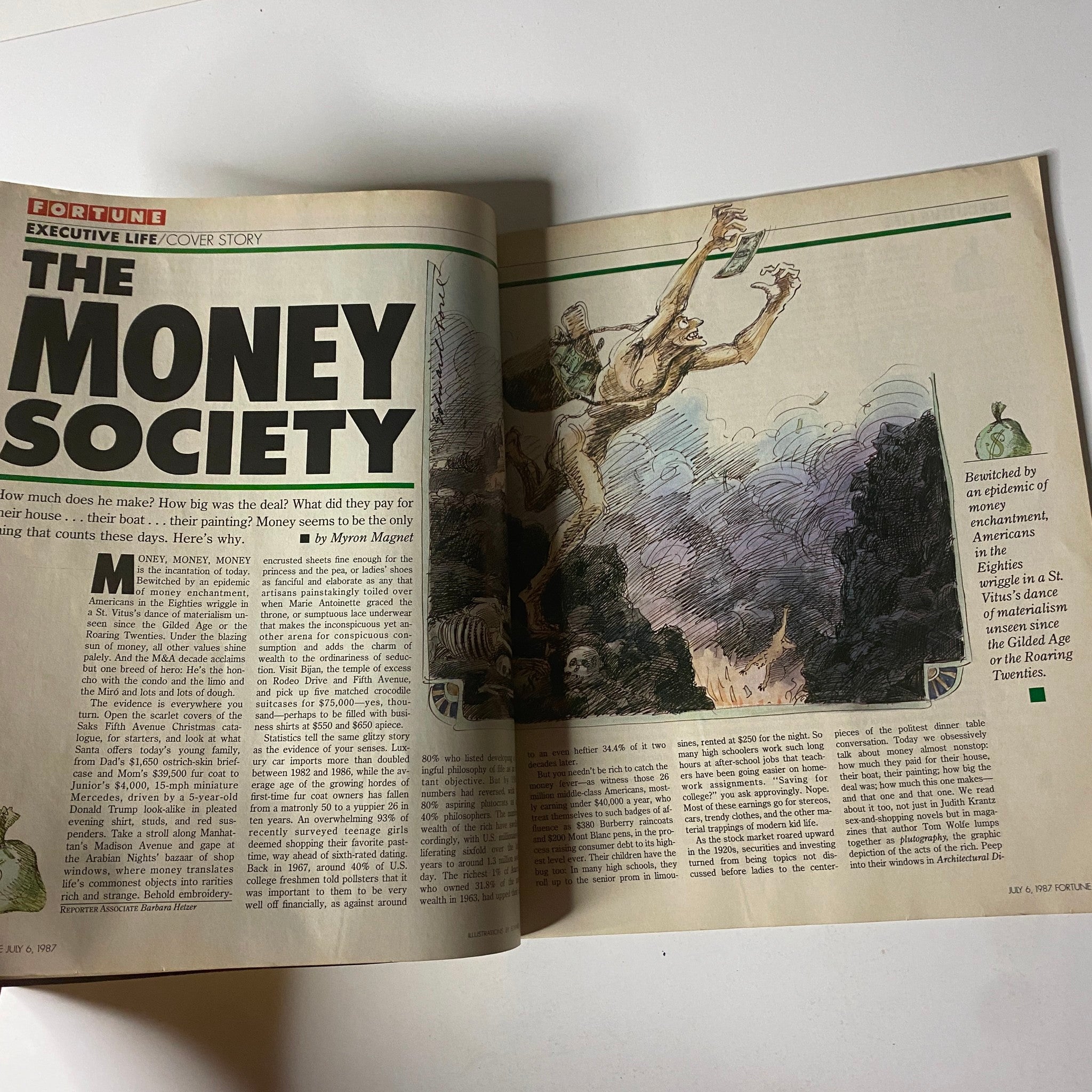 Inside page from Fortune Magazine July 6, 1987, featuring the article 'The Money Society' that analyzes the rise of corporate elites in the 1980s.