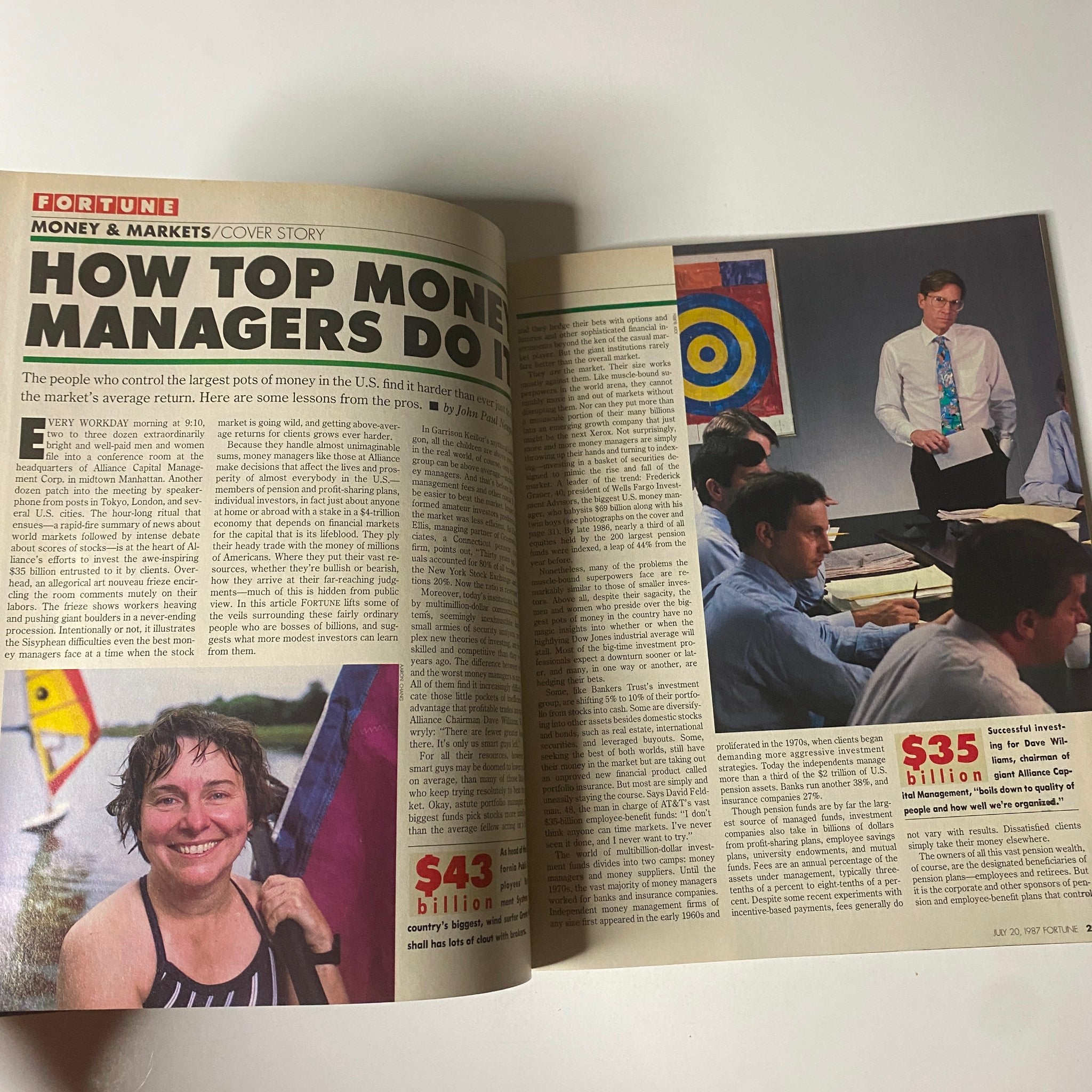 Inside spread of Fortune Magazine July 20, 1987 featuring the cover story 'How Top Money Managers Do It,' exploring investment strategies by leading financial professionals.