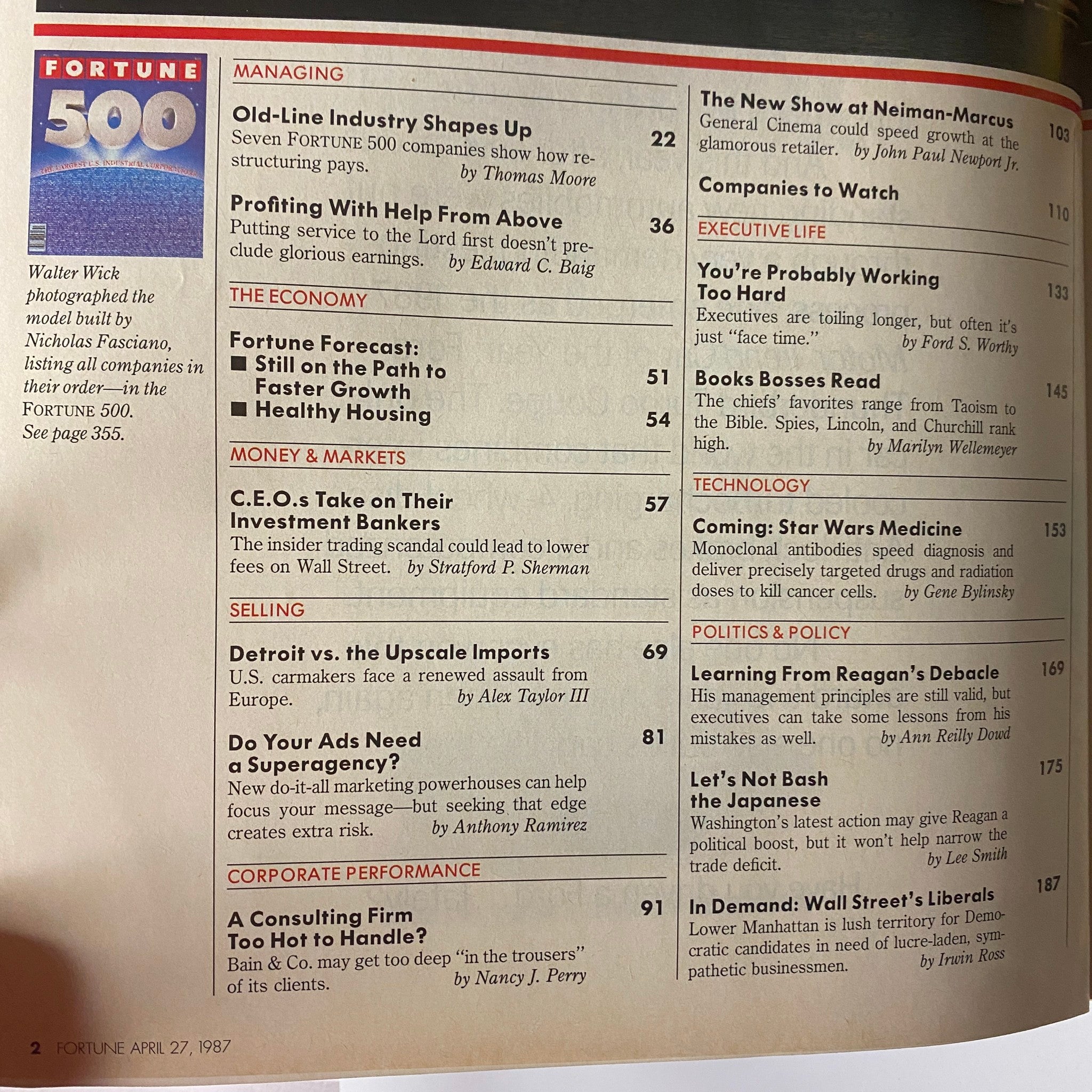 Fortune Magazine April 27, 1987, featuring the contents of the Fortune 500 issue, highlighting articles on corporate strategies and economic dynamics.