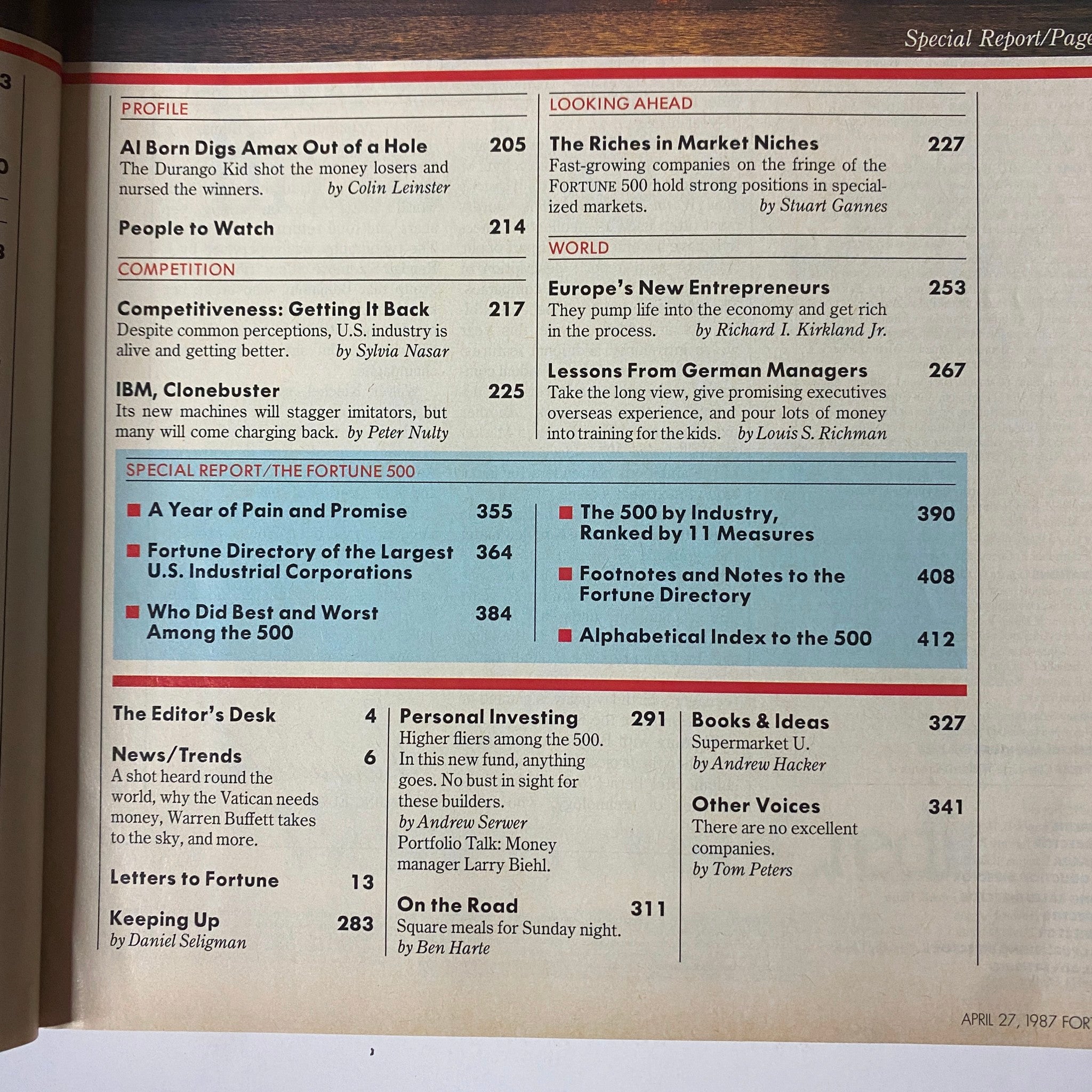 Fortune Magazine April 27, 1987, showcasing a detailed look into profiles of Fortune 500 companies and their rankings.