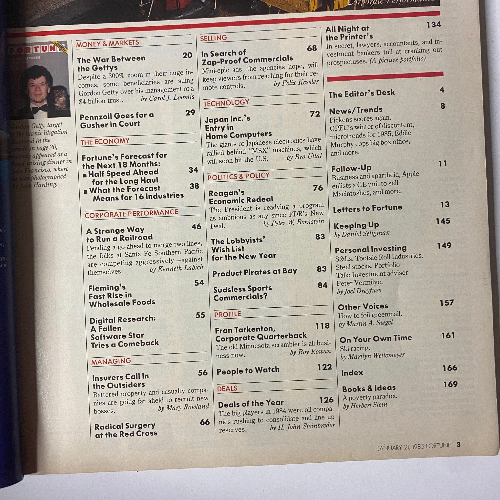 Table of contents from Fortune Magazine January 21, 1985, featuring articles on corporate finance and notable sections including 'The War Between the Gettys'.