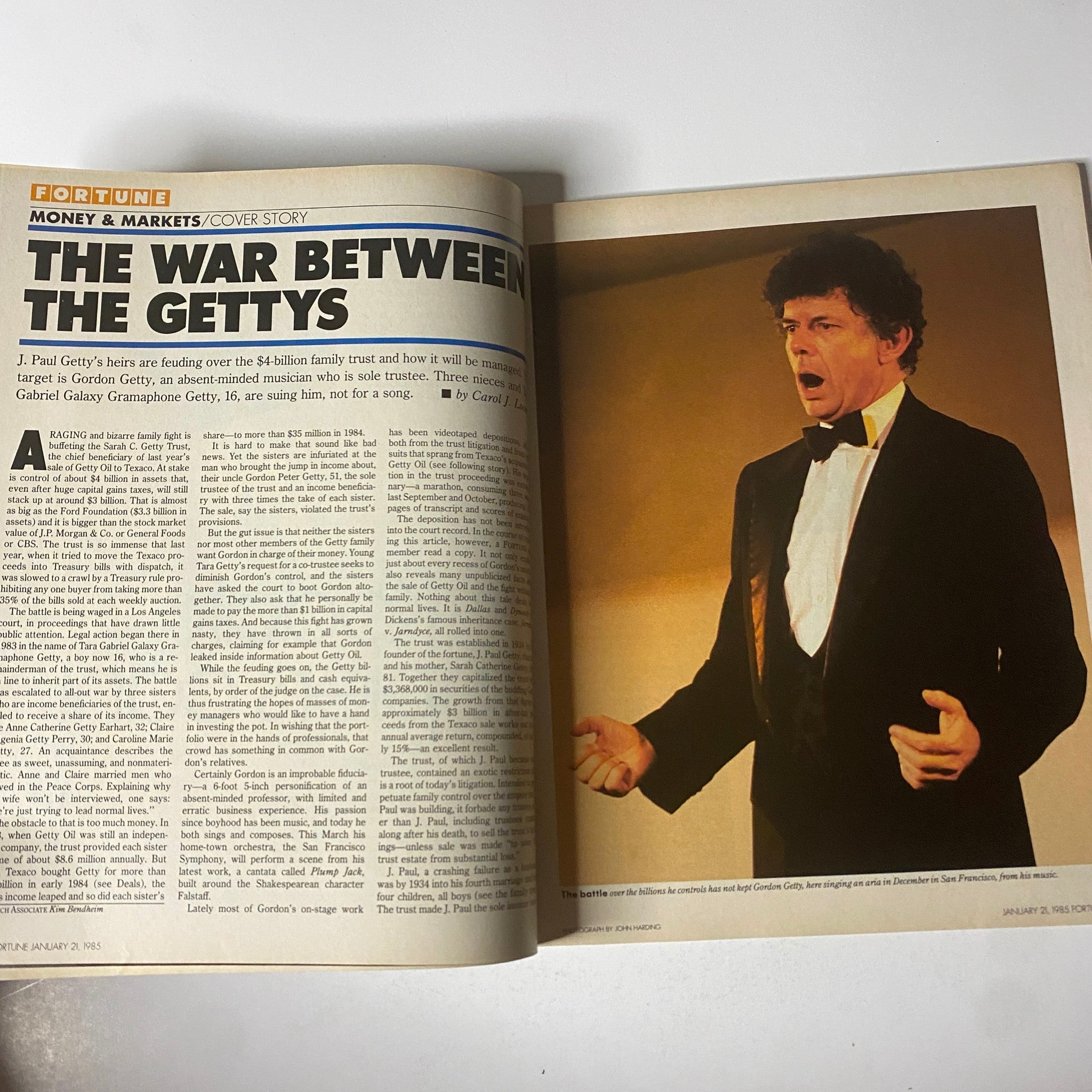 Featured article spread from Fortune Magazine January 21, 1985 titled 'The War Between the Gettys', discussing the complexities of the Getty family trust and legal issues.