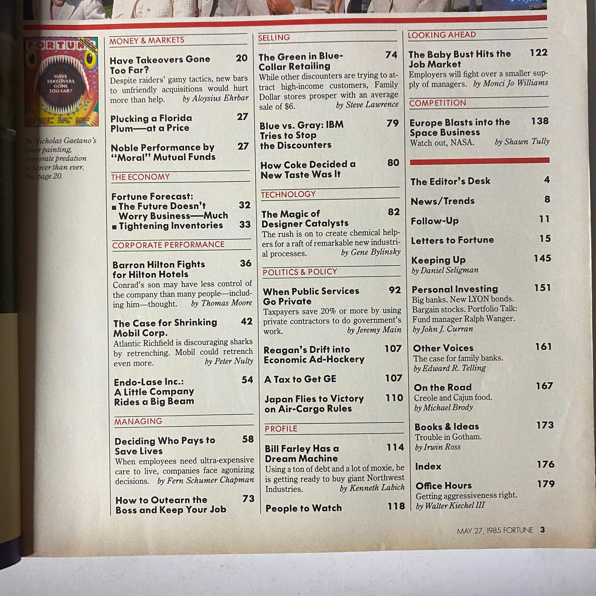 Inside page of Fortune Magazine, May 27, 1985, displaying the table of contents. Key articles include 'Have Takeovers Gone Too Far?' and 'Barron Hilton Fights for Hilton Hotels,' reflecting the financial trends of the mid-1980s.