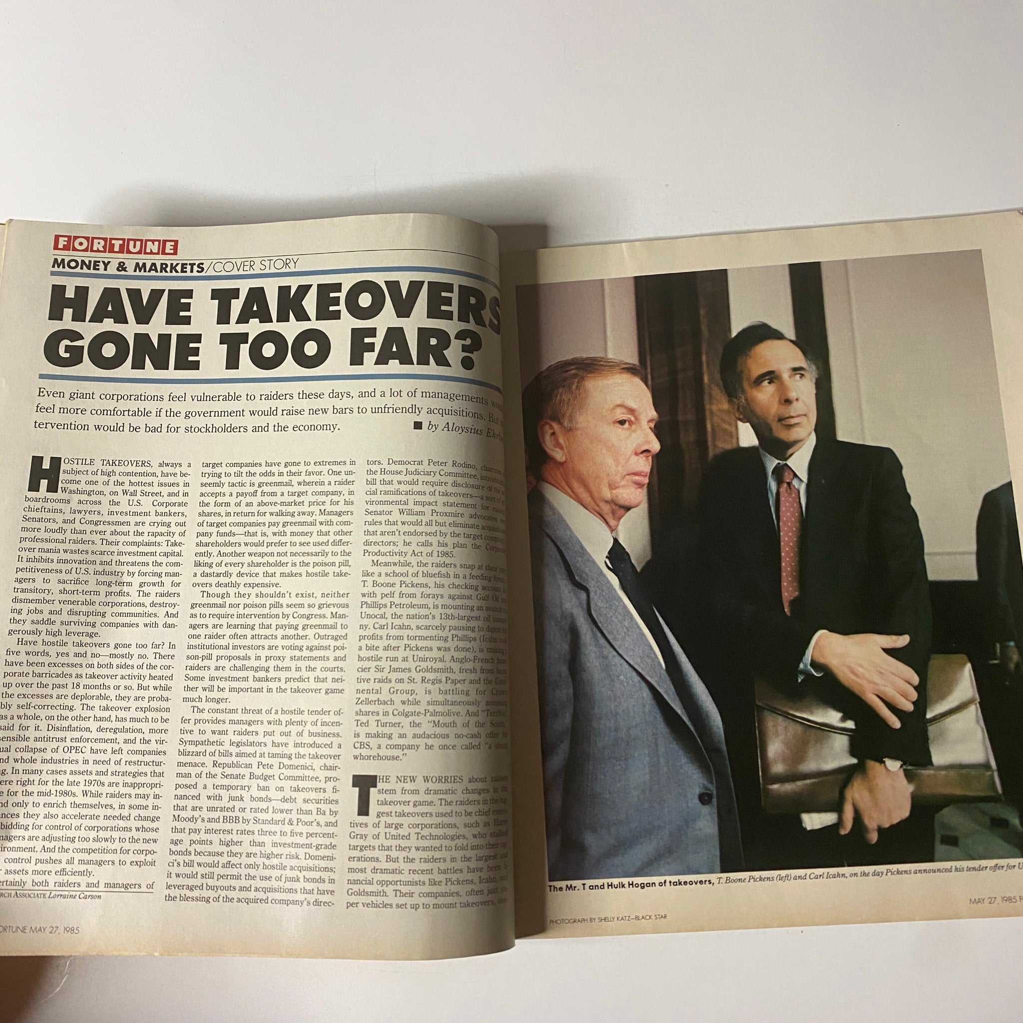 Fortune Magazine May 27, 1985 cover image featuring the article 'Have Takeovers Gone Too Far?' exploring corporate mergers and acquisitions during the 1980s.