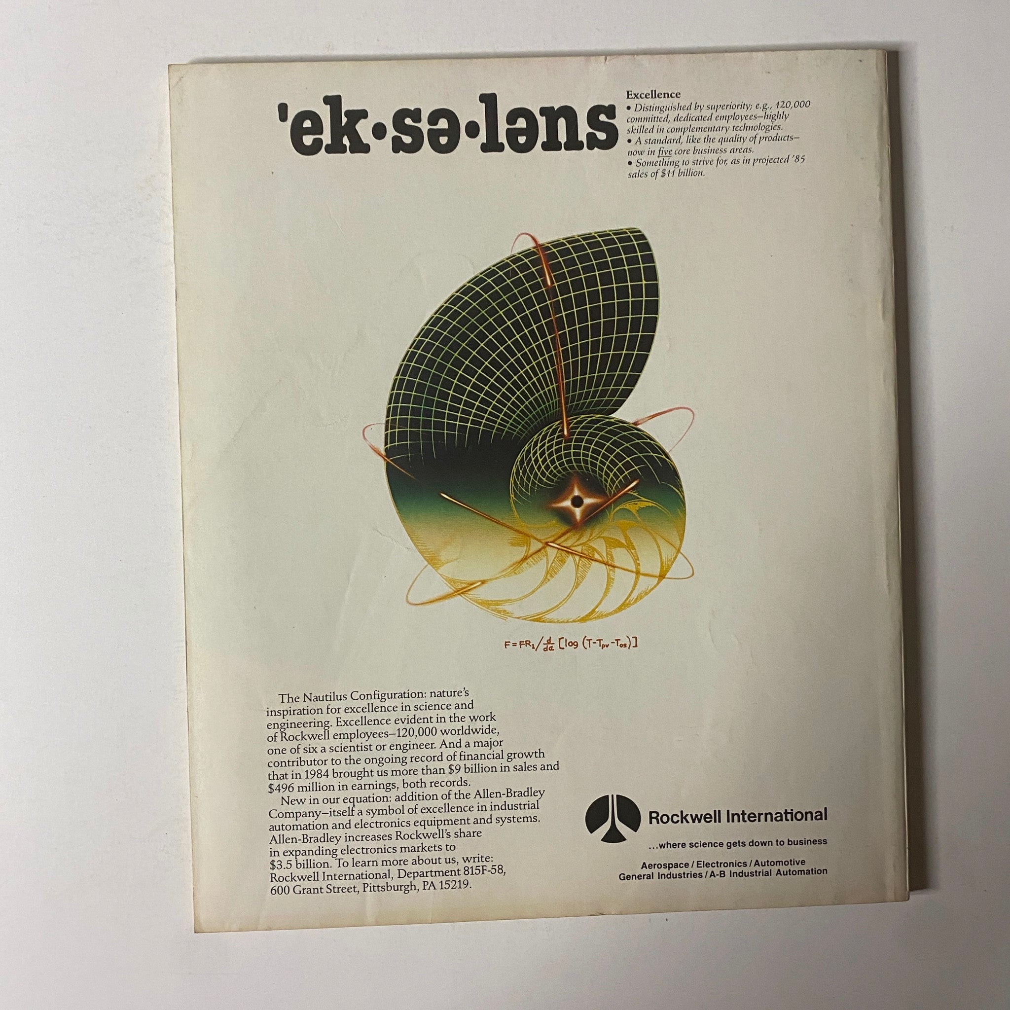 Back cover of Fortune Magazine May 27, 1985 showcasing Rockwell International's advertisement related to excellence in science and engineering.