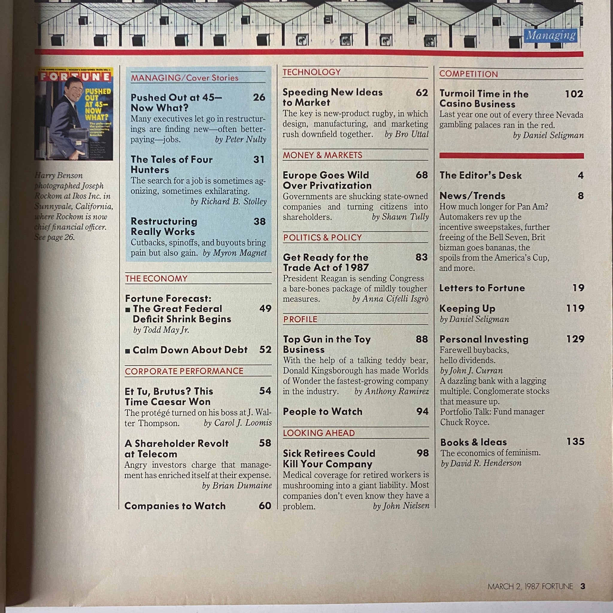 Table of contents from Fortune Magazine, March 2, 1987, detailing featured articles including 'Pushed Out at 45—Now What?' and insights into corporate performance and economic trends.