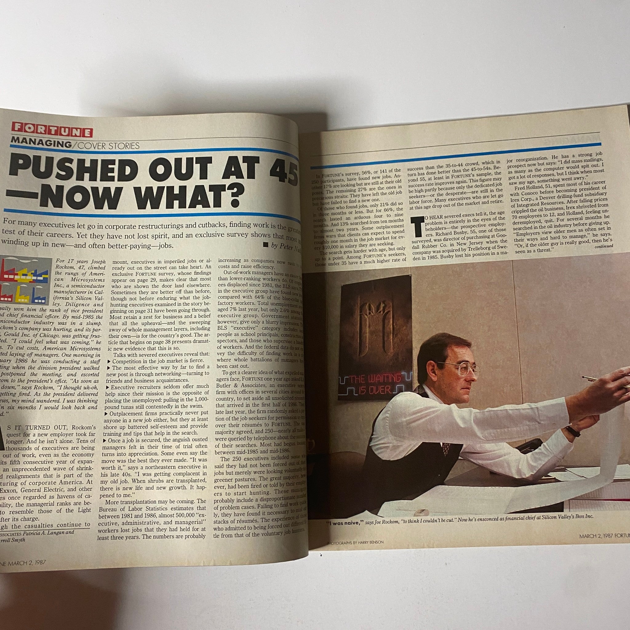 Inside page of Fortune Magazine dated March 2, 1987, featuring the article 'Pushed Out at 45—Now What?' discussing the challenges faced by executives in corporate restructuring.