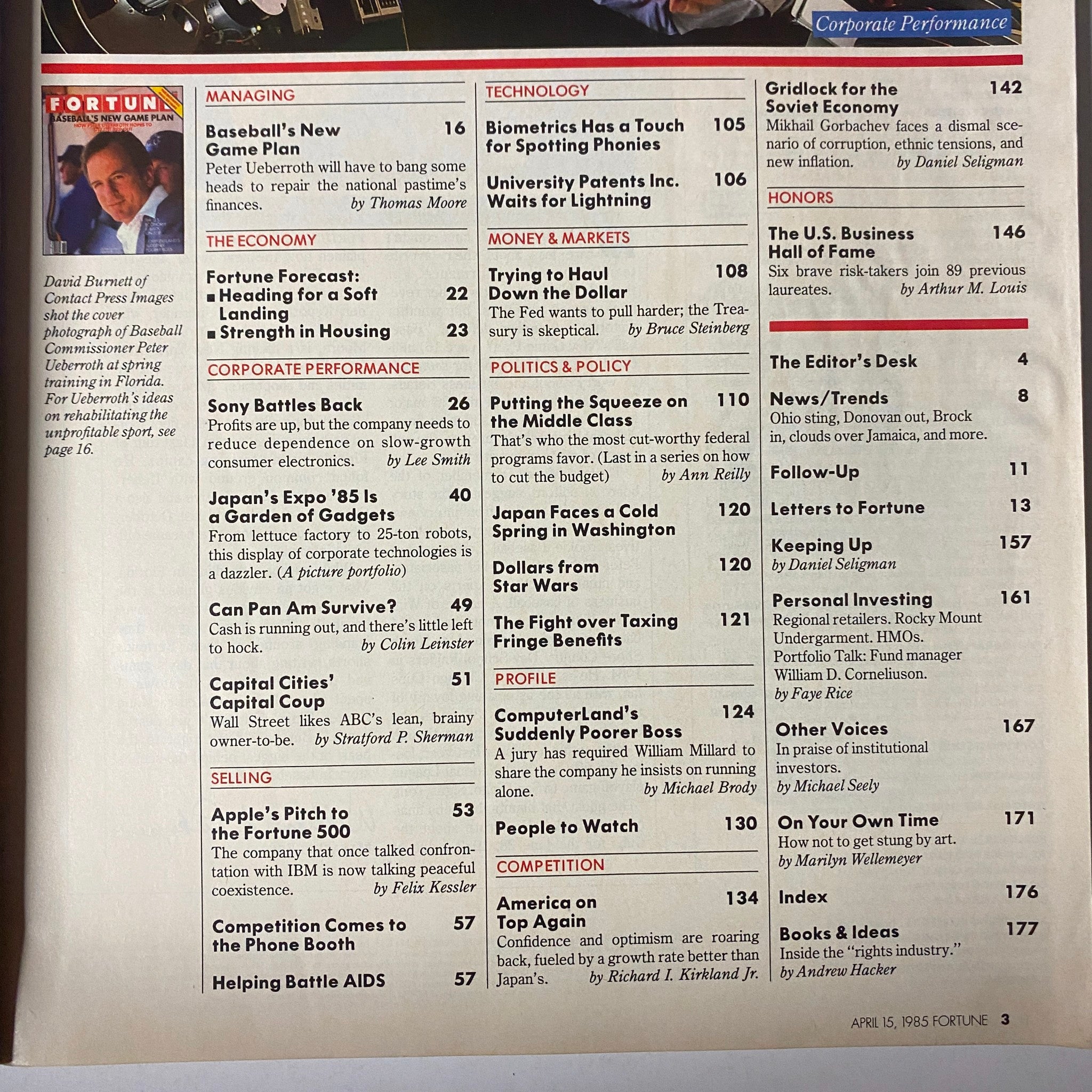 Featured articles page from Fortune Magazine April 15, 1985 highlighting key topics including Baseball’s New Game Plan and economic forecasts.
