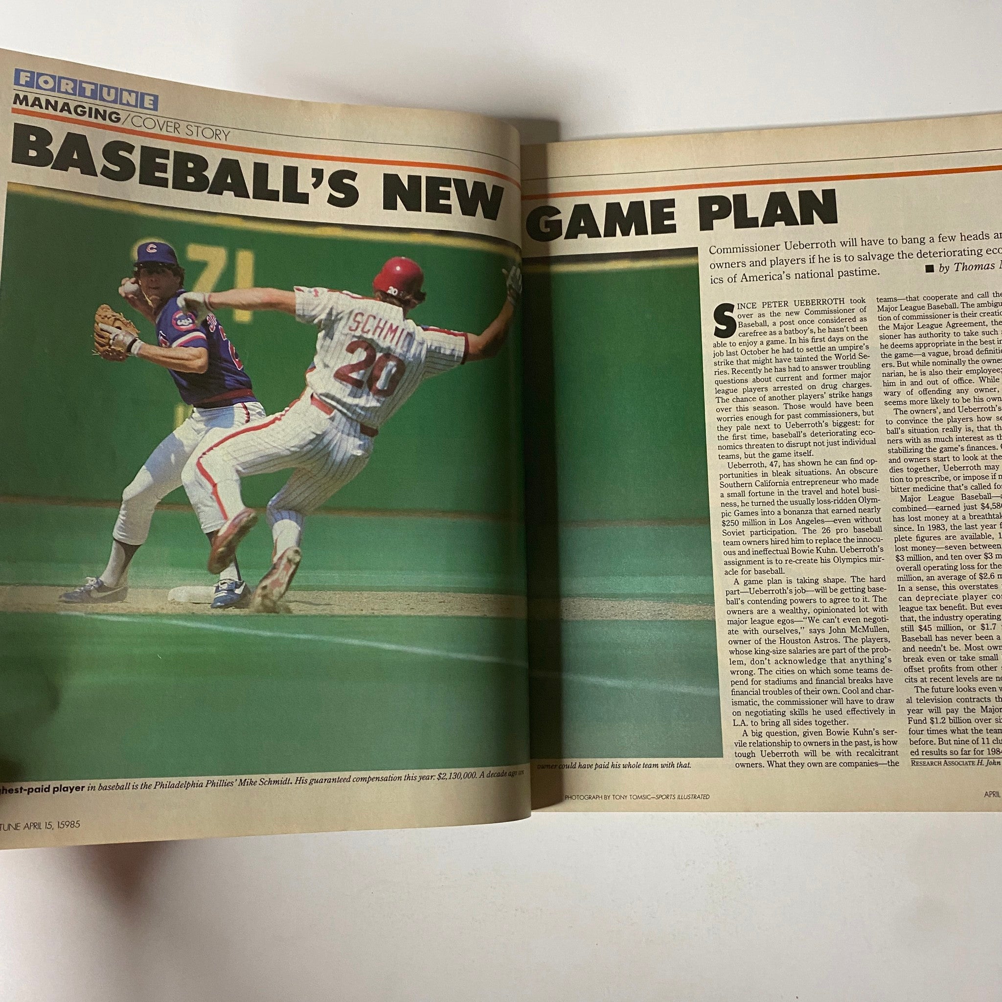 Inside pages of Fortune Magazine April 15, 1985 showcasing the article 'Baseball's New Game Plan' with images and insights on MLB Commissioner Ueberroth.