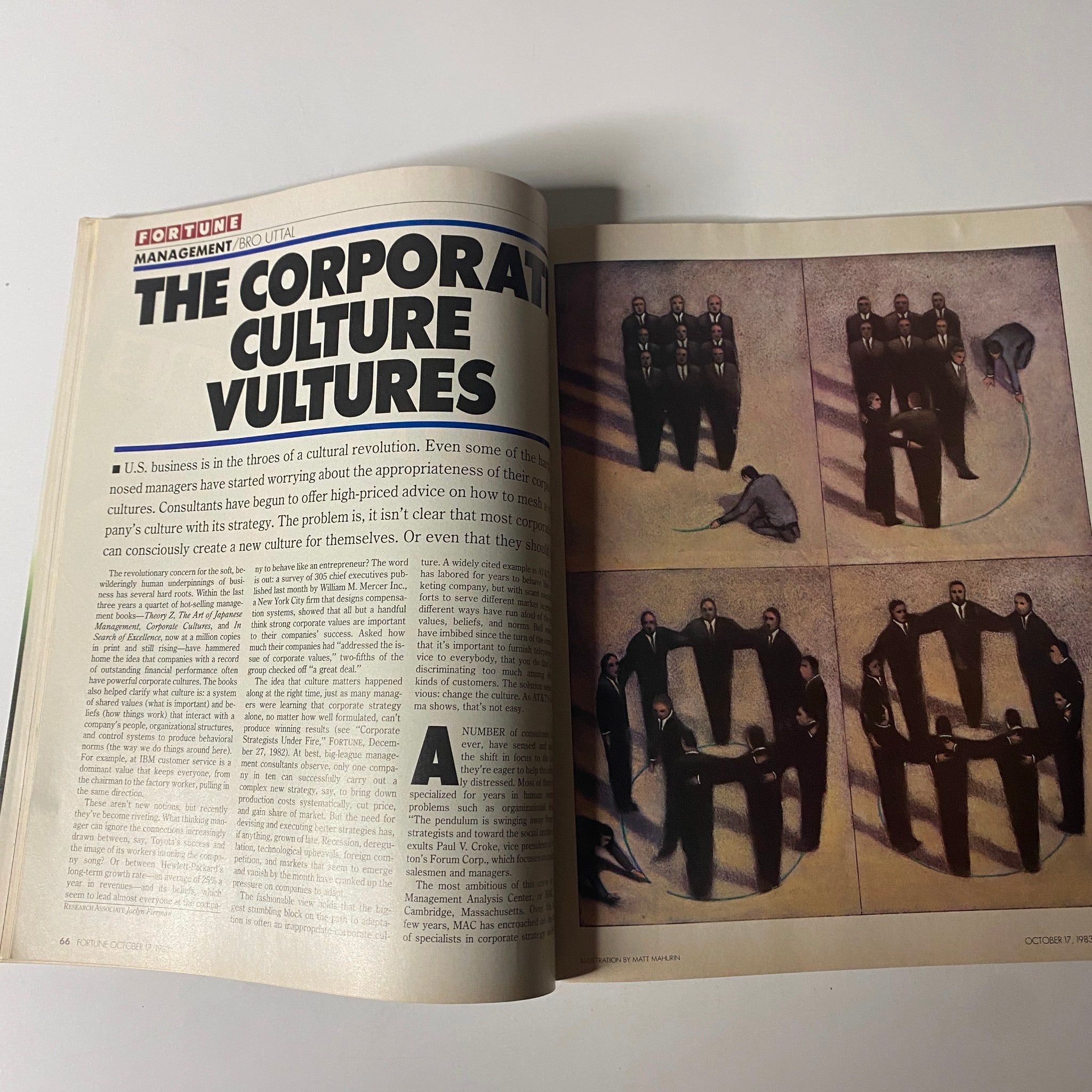 Fortune Magazine October 17, 1983 article titled 'The Corporate Culture Vultures' discusses the impact of corporate culture consultants on business management. The page features eye-catching visuals and informative text about the cultural revolution in U.S. business.