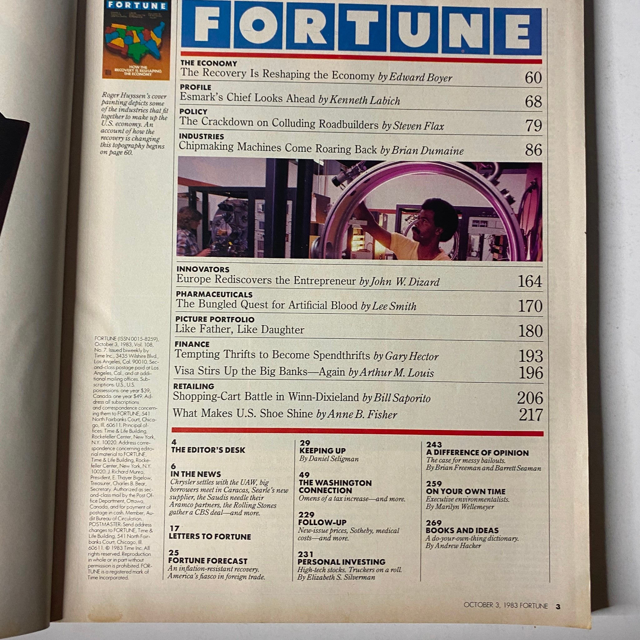 Contents page of Fortune Magazine, October 3, 1983, listing articles including 'How The Recovery is Reshaping The Economy' and other key features.