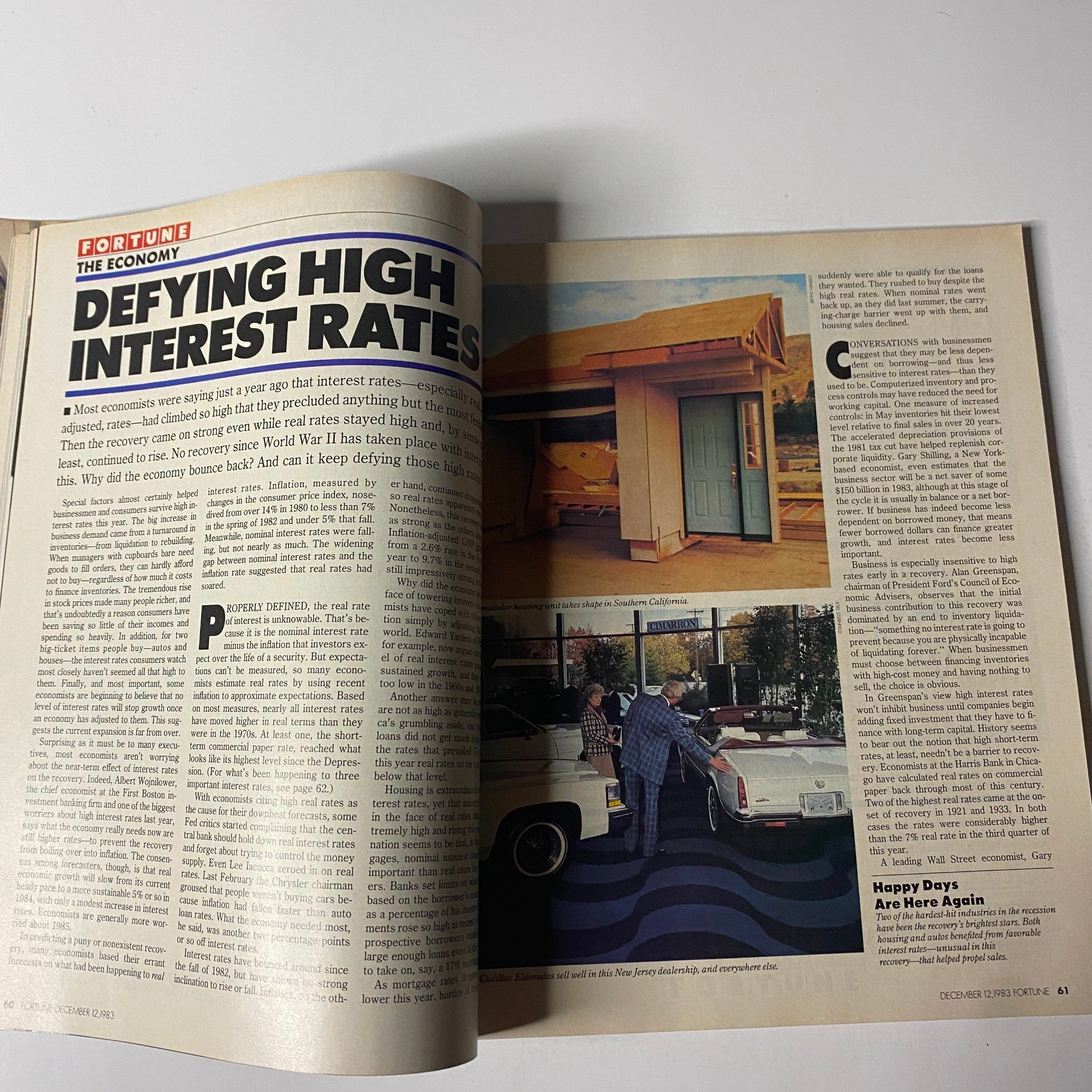 An article page from the December 12, 1983 issue of Fortune Magazine discussing the impact of high interest rates on the economy, including insights on real estate and financial recovery.