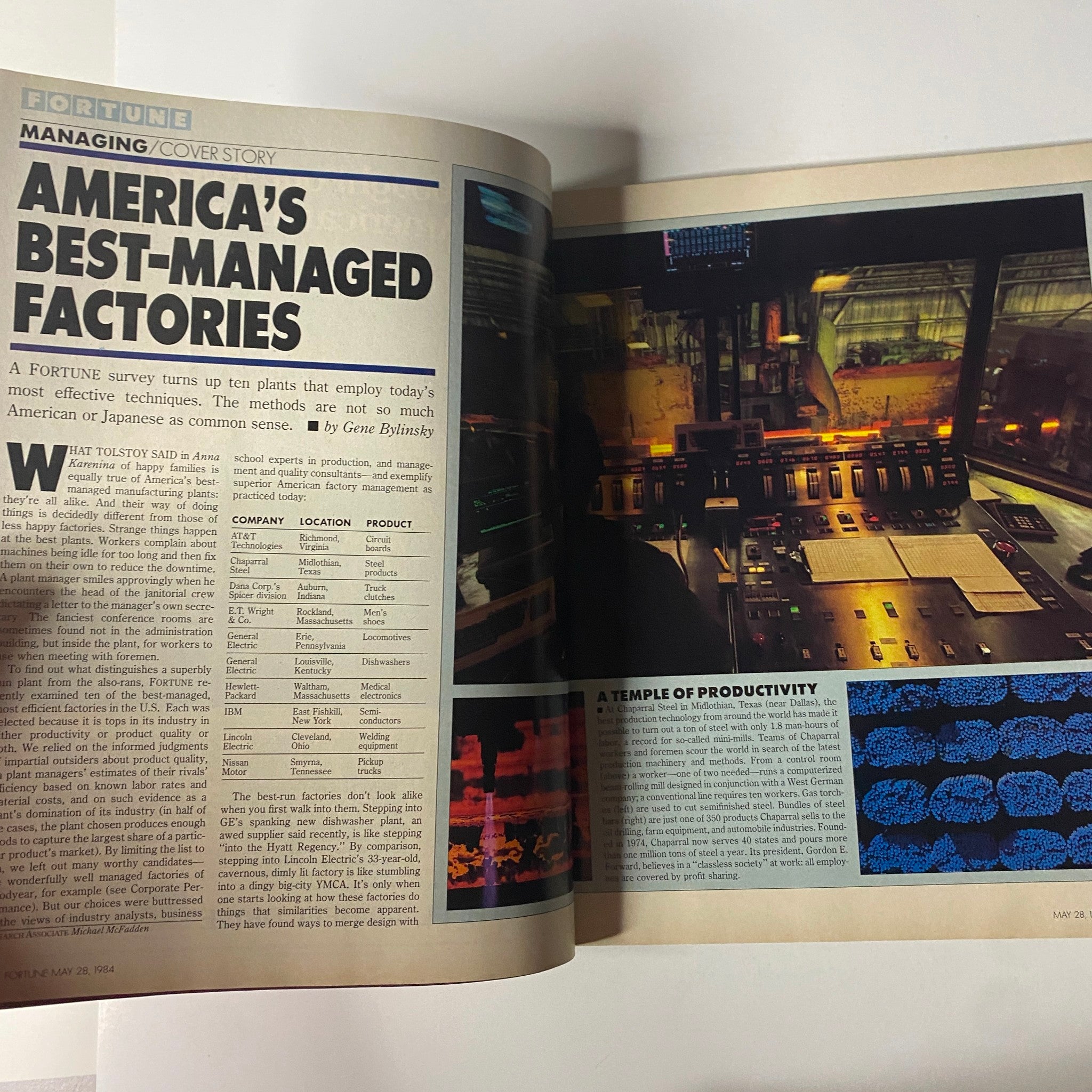 The opening article titled 'America's Best-Managed Factories' from Fortune Magazine, May 28, 1984, highlighted with images depicting manufacturing techniques and plant productivity discussions.