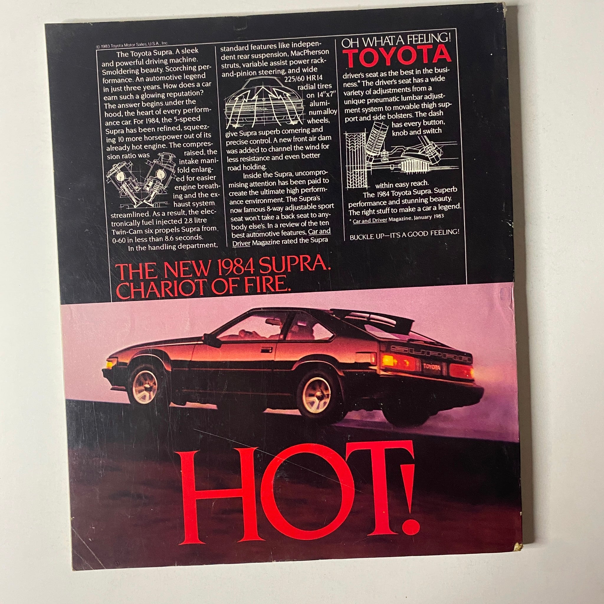 Back cover of Fortune Magazine, May 28, 1984, featuring an advertisement for the 1984 Toyota Supra, titled 'Chariot of Fire,' showcasing the car's sleek design and performance highlights.