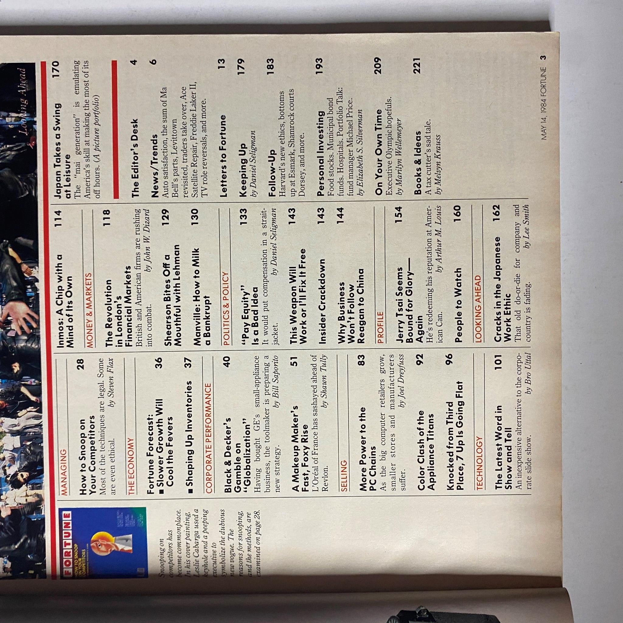 Table of contents page from Fortune Magazine May 14, 1984, showcasing articles on corporate strategies and significant business trends of the era.