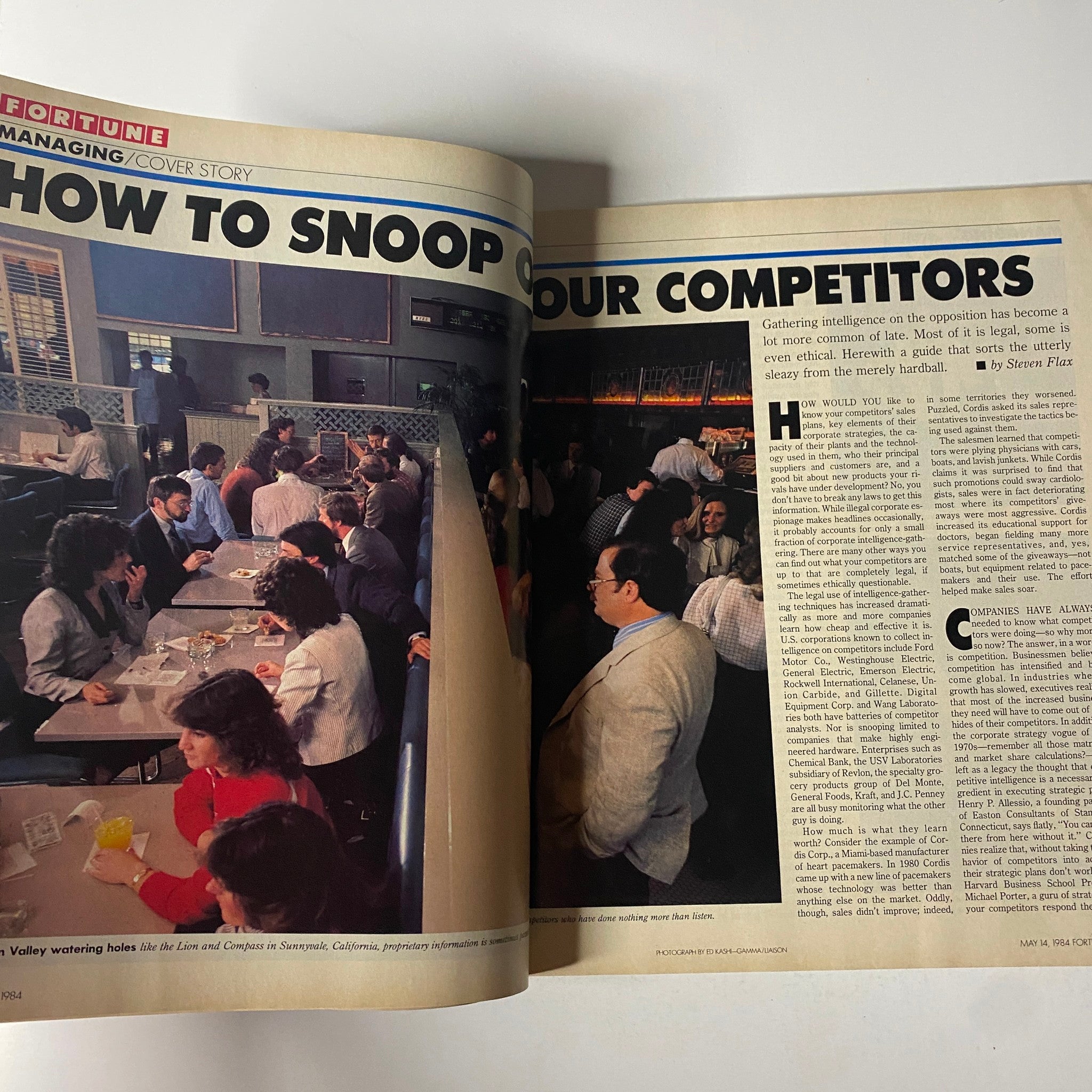 Cover story article from Fortune Magazine May 14, 1984, titled 'How To Snoop On Your Competitors' by Steven Flax, discussing strategies for gathering competitive intelligence.