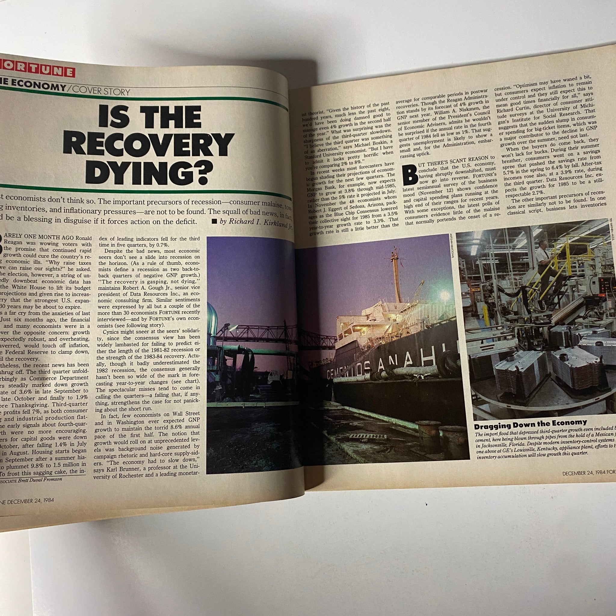 Article spread from Fortune Magazine, December 24, 1984, with the cover story titled 'Is the Recovery Dying?' analyzing economic conditions and consumer behaviors.