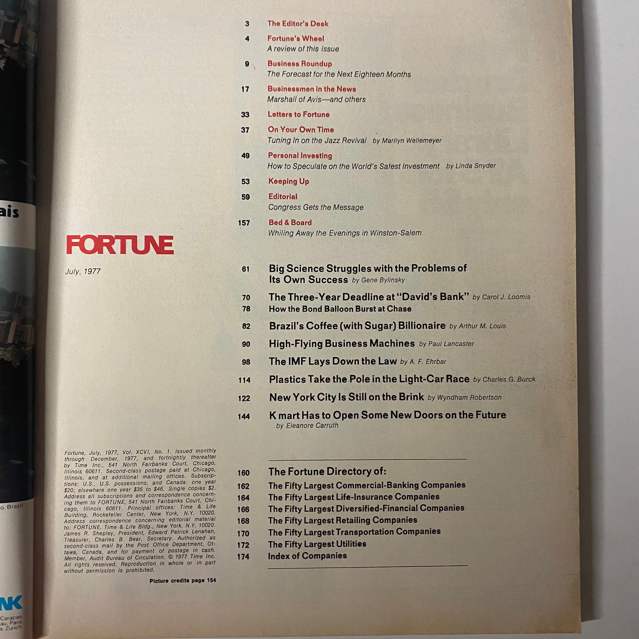 Table of contents from Fortune Magazine July 1977 detailing various articles including business trends, personal investing insights, and features on prominent businessmen.