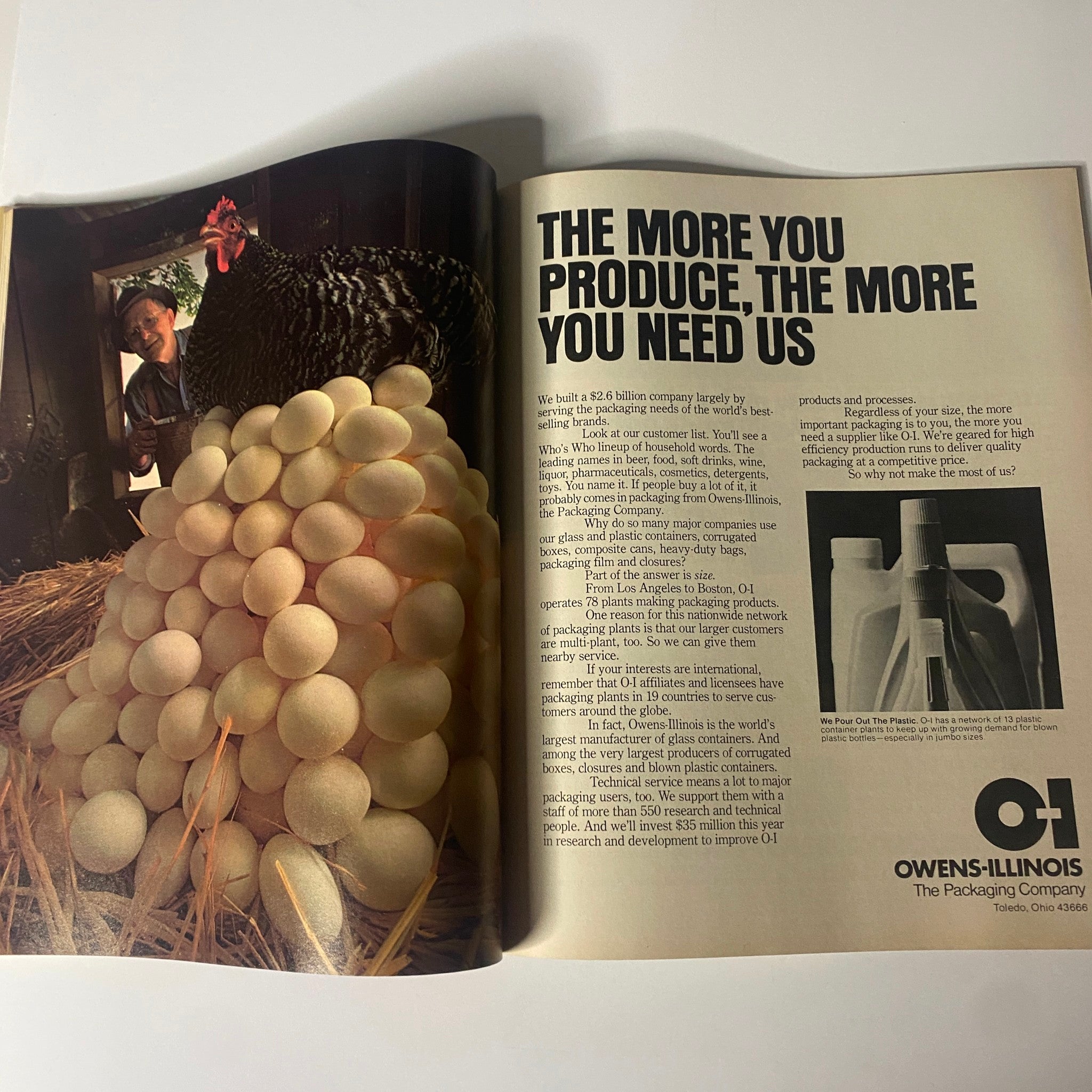 An advertisement from Fortune Magazine July 1977 showcasing Owens-Illinois and their packaging solutions with a visual of a person with chickens and a pile of eggs.