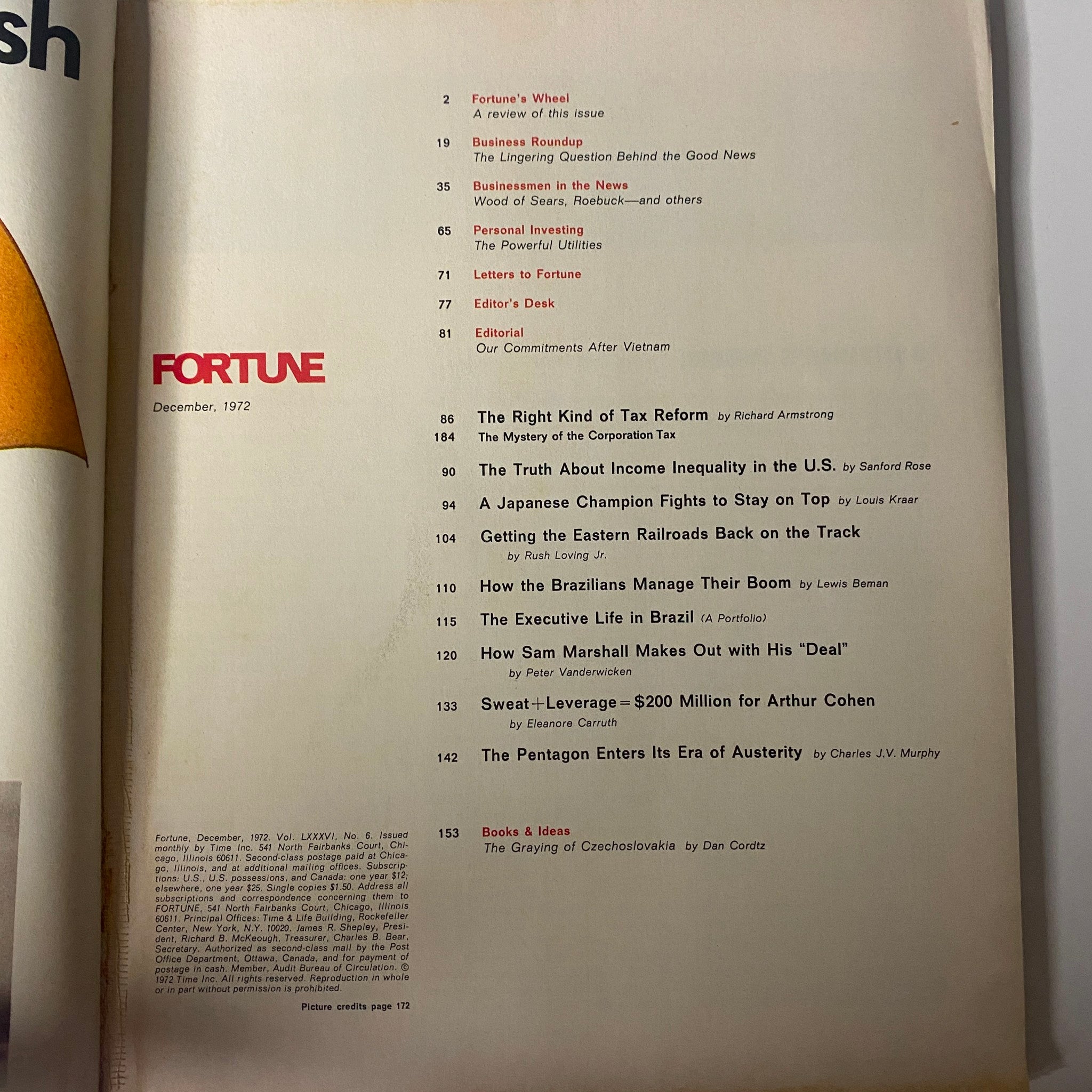 Table of contents for Fortune Magazine December 1972, summarizing articles including 'The Right Kind of Tax Reform' and 'The Truth About Income Inequality in the U.S.' pertaining to corporate strategies.