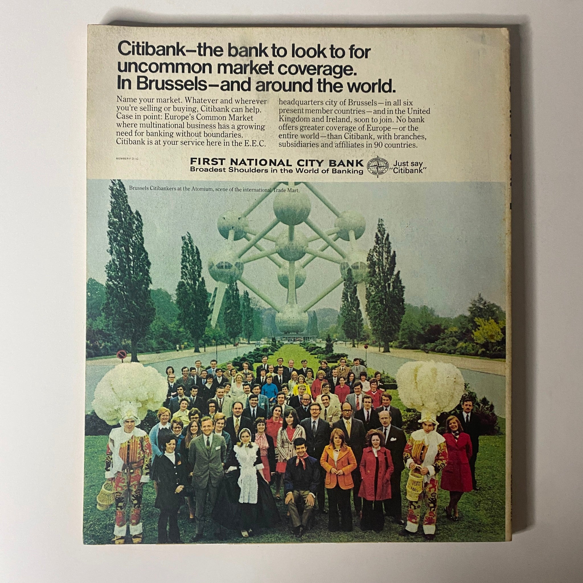 Back cover of Fortune Magazine December 1972 featuring an advertisement for Citibank, promoting their services for international market coverage.