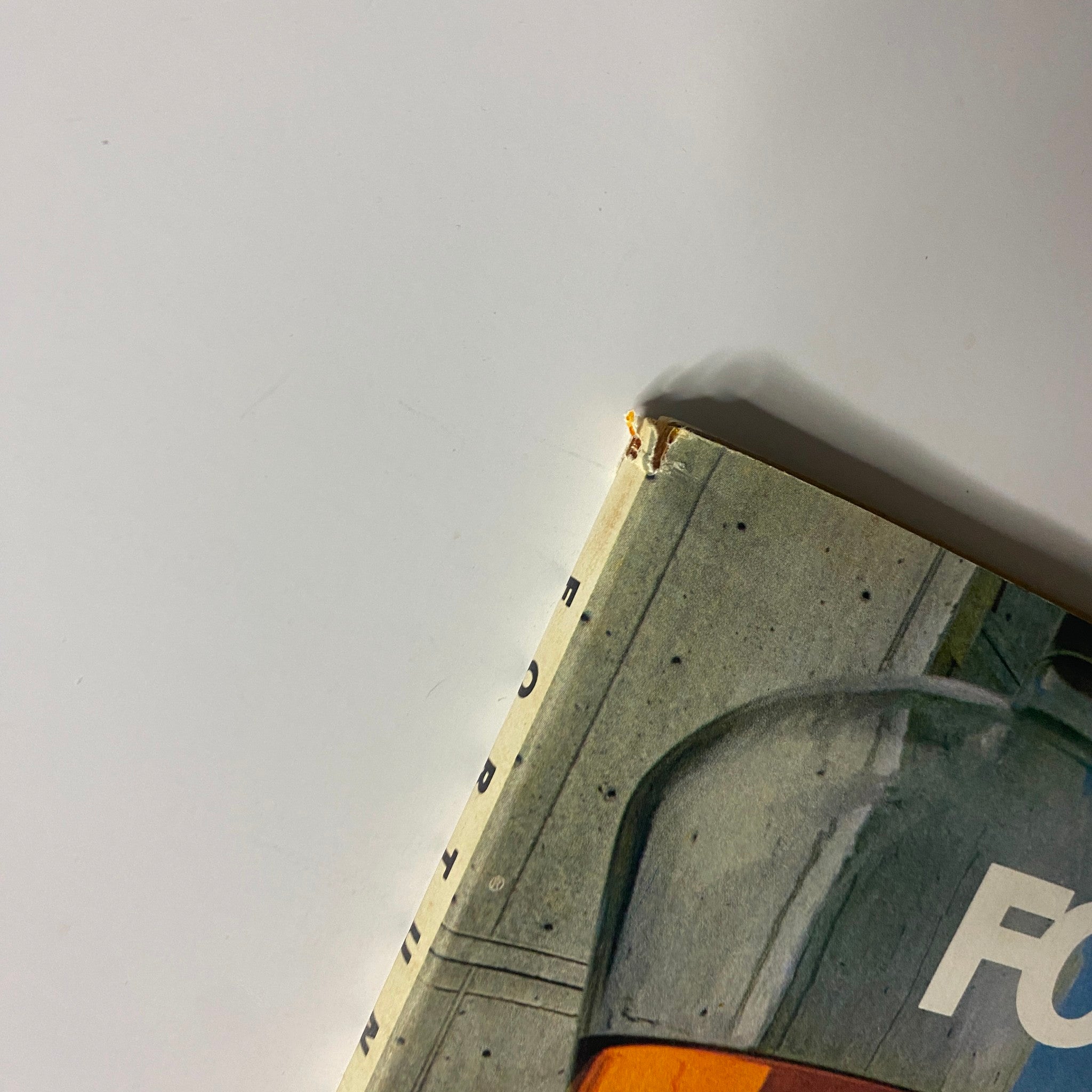 Close-up image of the corner wear on the cover of Fortune Magazine October 1972, indicating very good condition despite minor imperfections.