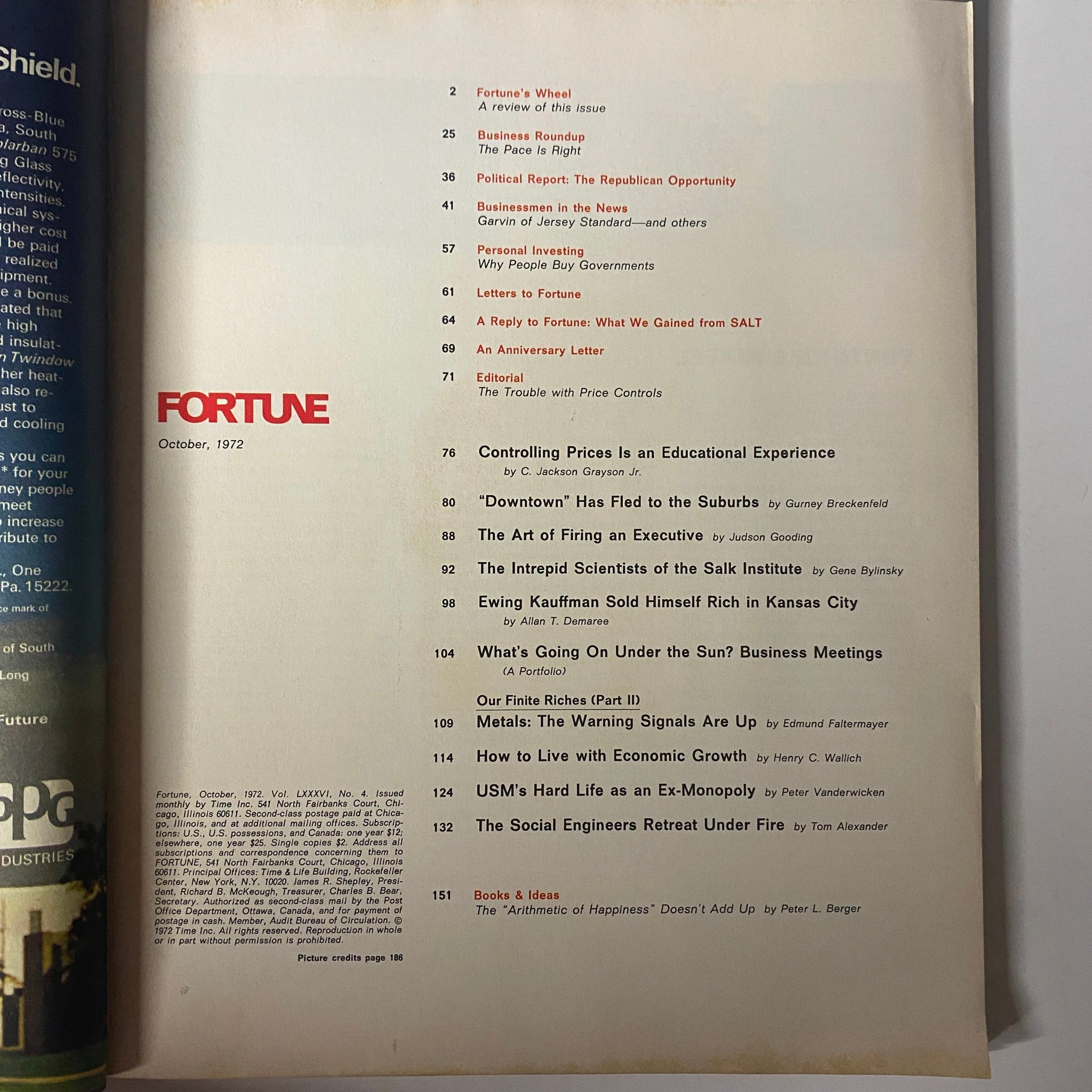 Table of contents page from Fortune Magazine October 1972, listing featured articles including 'The View from the Price Commission' and others relevant to economic policies.