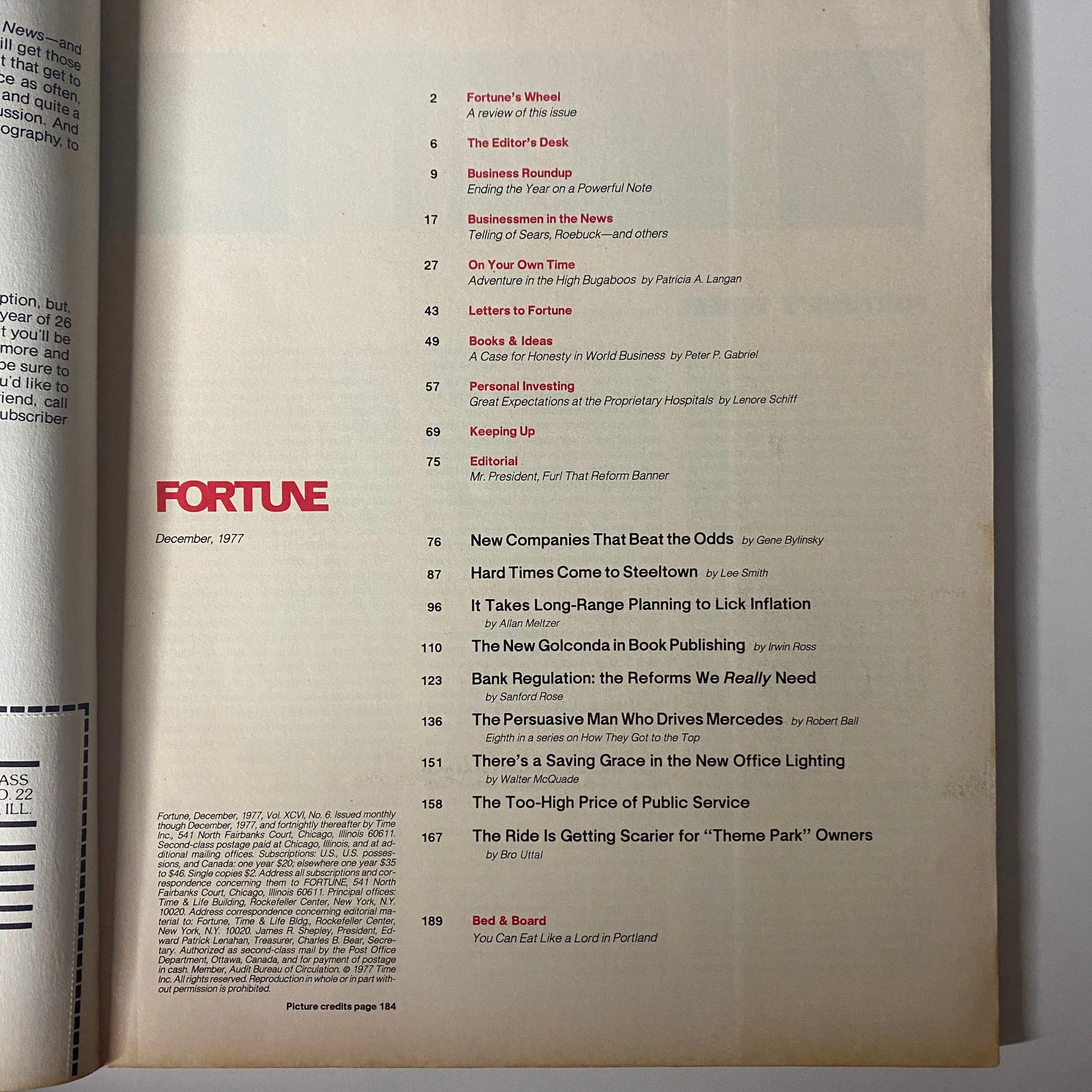 Table of contents from the December 1977 issue of Fortune Magazine listing articles including 'New Companies That Beat the Odds' and 'Bank Regulation: the Reforms We Really Need'.