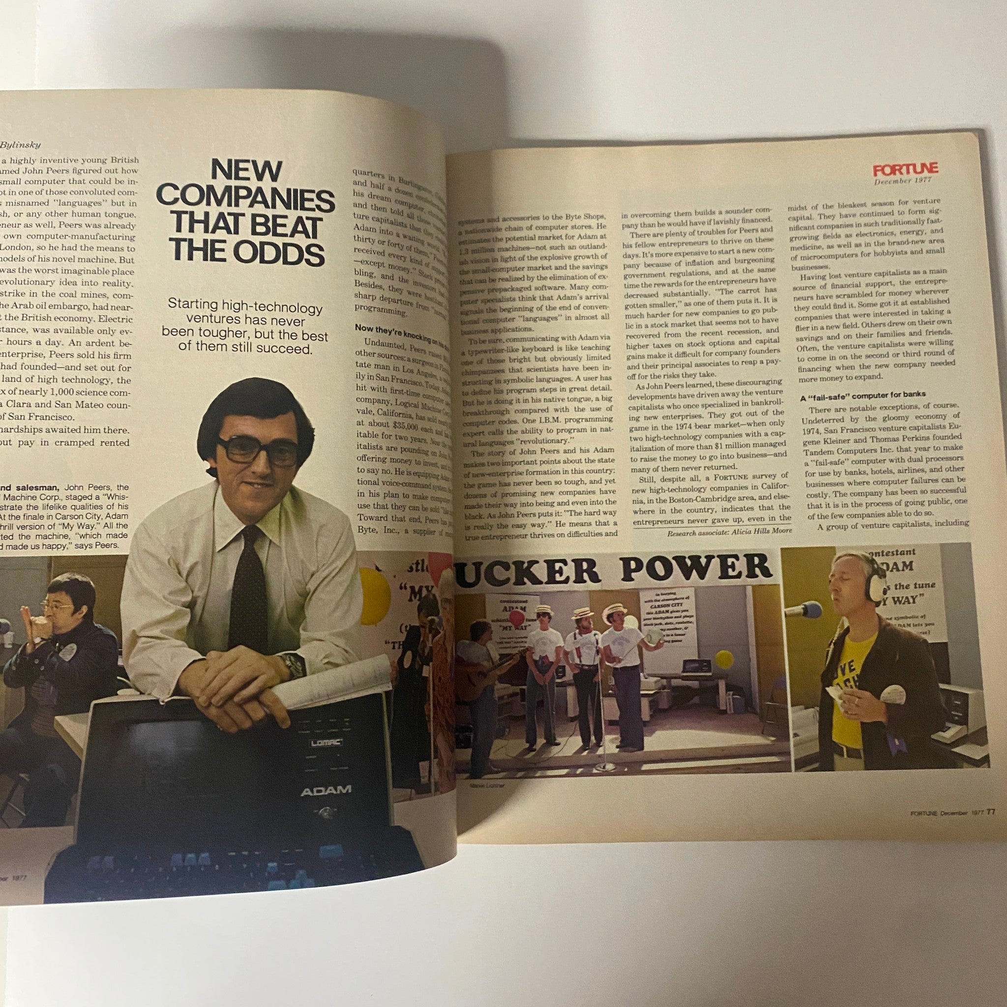 A two-page spread in Fortune Magazine December 1977 showcasing an article titled 'New Companies That Beat the Odds' with images of entrepreneurs and technological ventures.