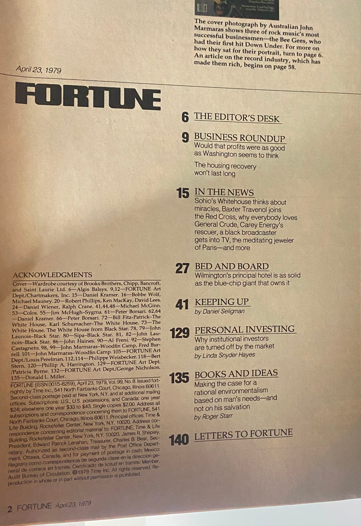 Page from Fortune Magazine April 23, 1979, displaying the table of contents, showcasing various articles including business roundups and editor's desk insights.