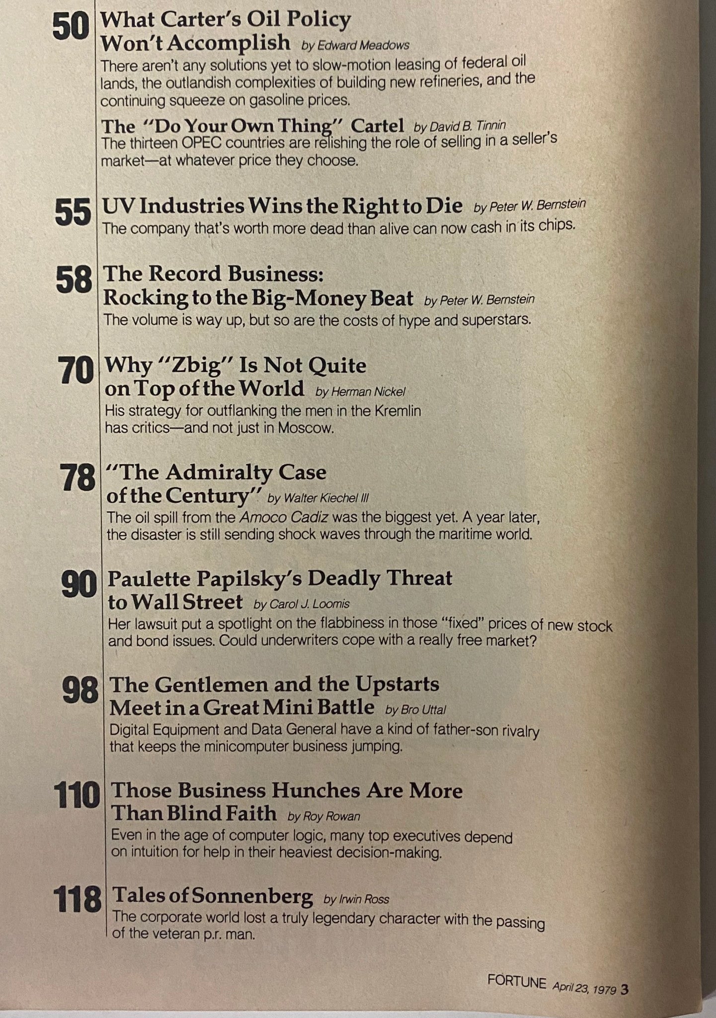 Interior page from Fortune Magazine April 23, 1979, listing notable articles like 'What Carter's Oil Policy Won't Accomplish' and 'The Record Business: Rocking to the Big-Money Beat'.