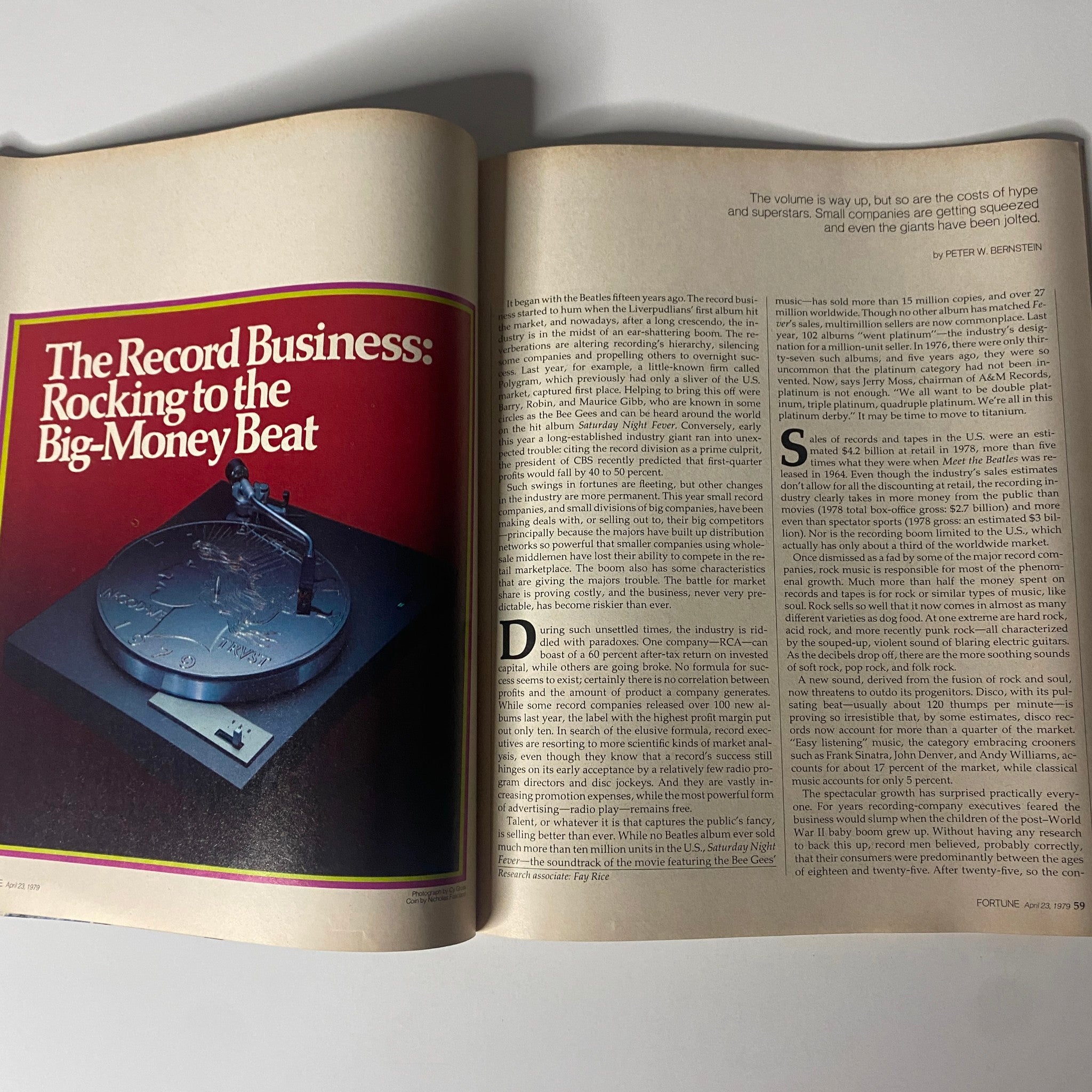 Fortune Magazine April 23, 1979 featuring an article titled 'The Record Business: Rocking to the Big-Money Beat' with a striking visual of a record player, illustrating the intersection of music and commerce.