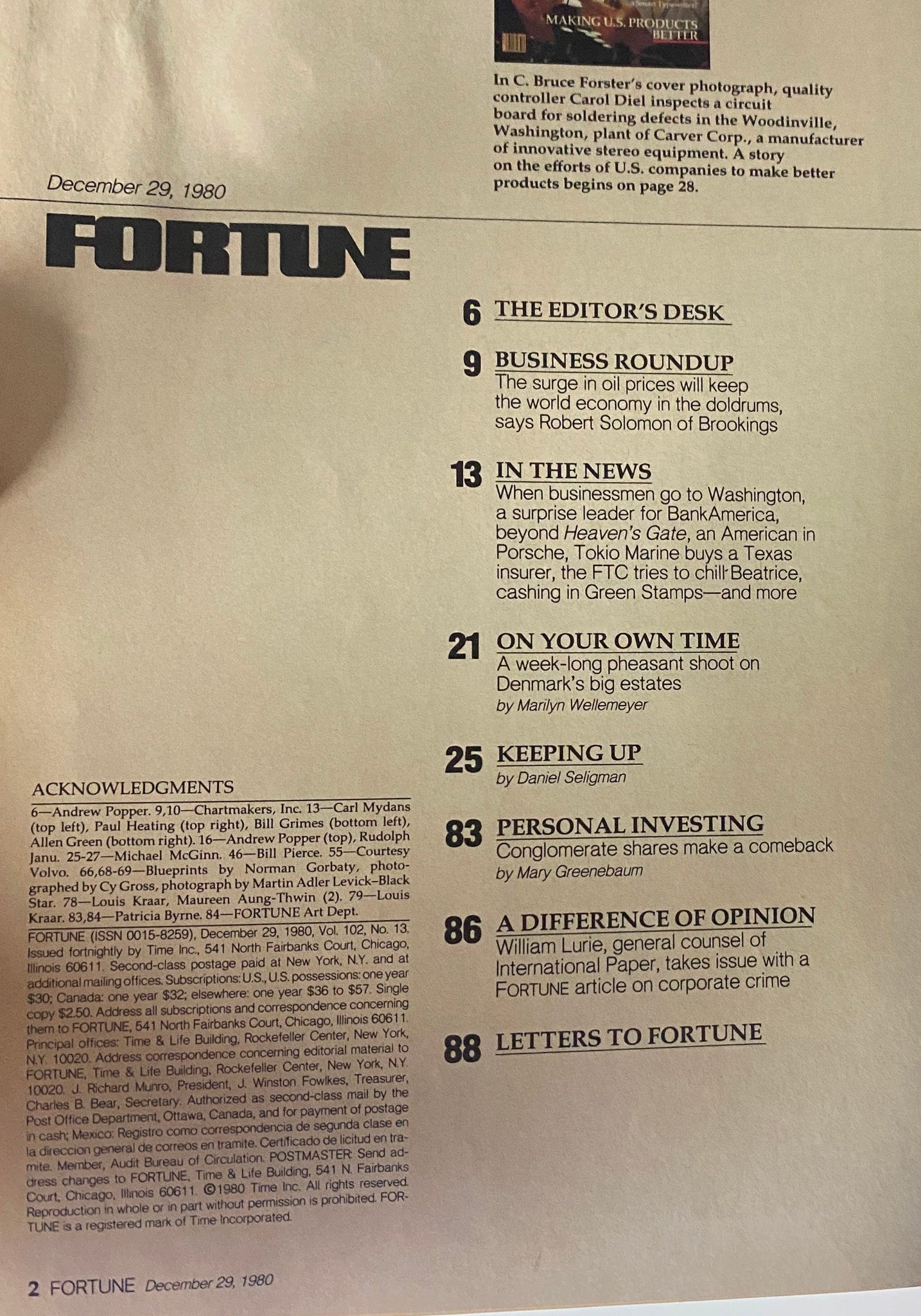 Table of contents page from Fortune Magazine, December 29, 1980, highlighting various articles including 'Business Roundup' and 'In the News'.
