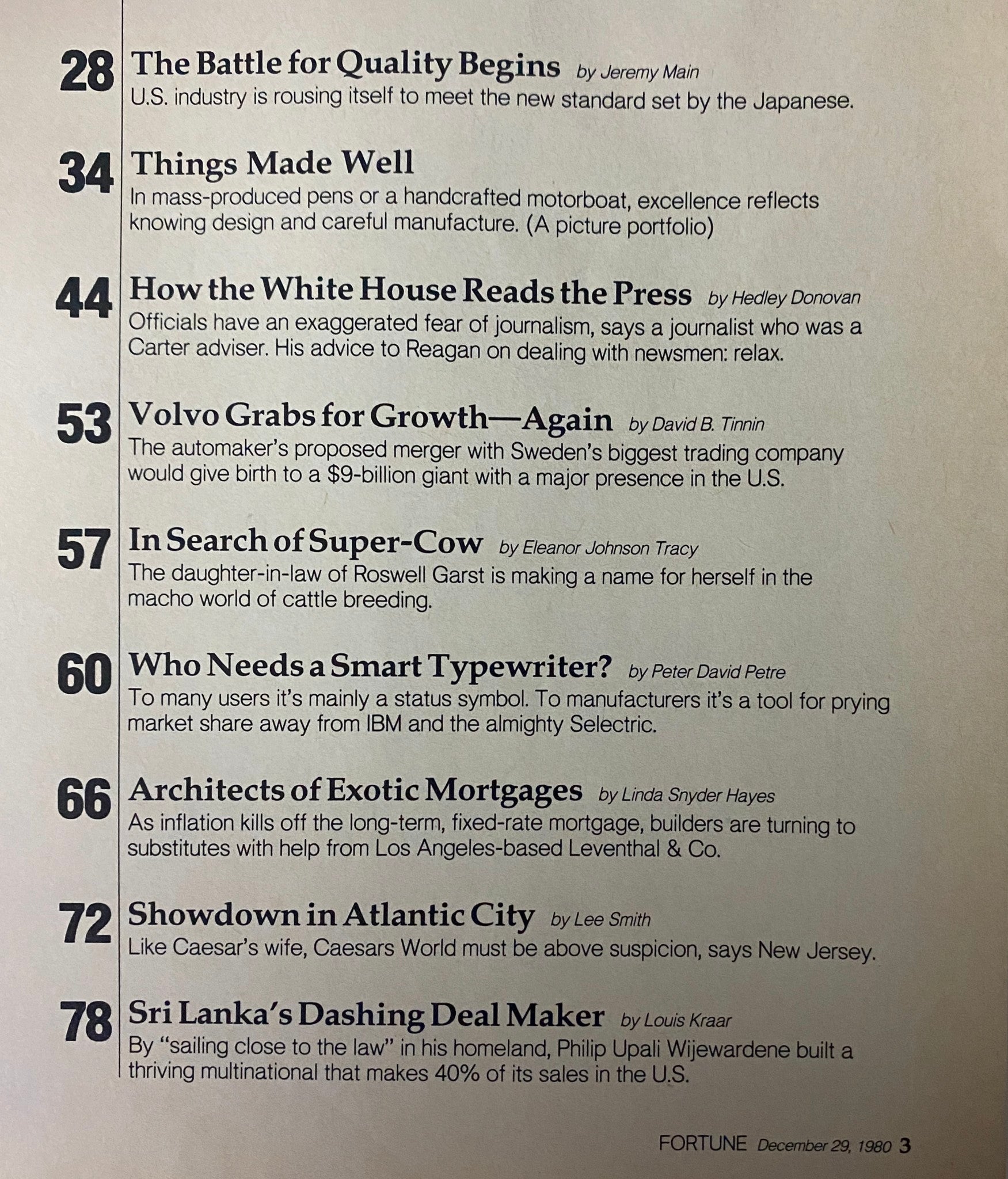 Another table of contents page from Fortune Magazine, December 29, 1980, listing articles like 'The Battle for Quality Begins' and 'Who Needs a Smart Typewriter?'