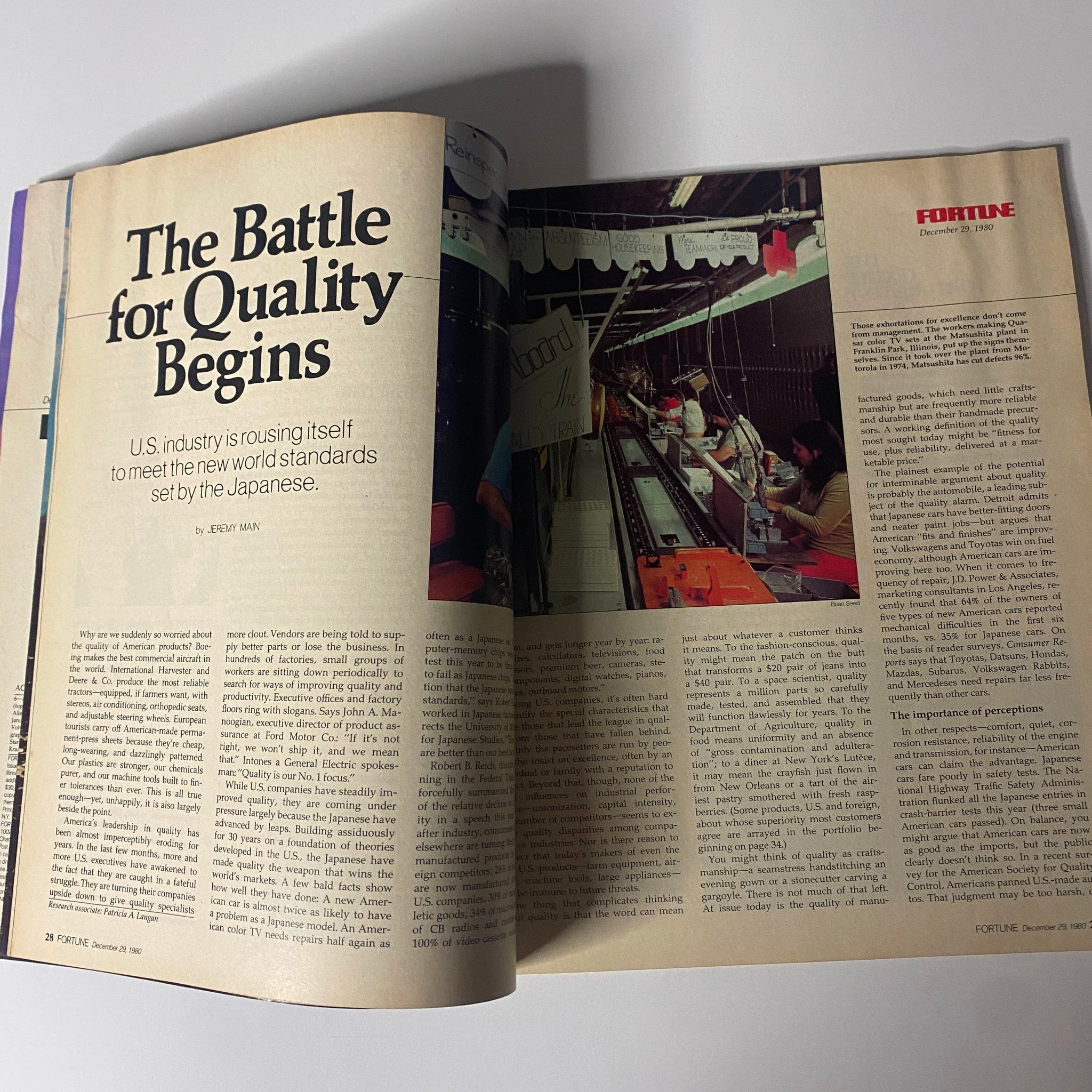 Inside view of Fortune Magazine December 29, 1980 discussing 'The Battle for Quality Begins' in U.S. industry with text about meeting Japanese standards.