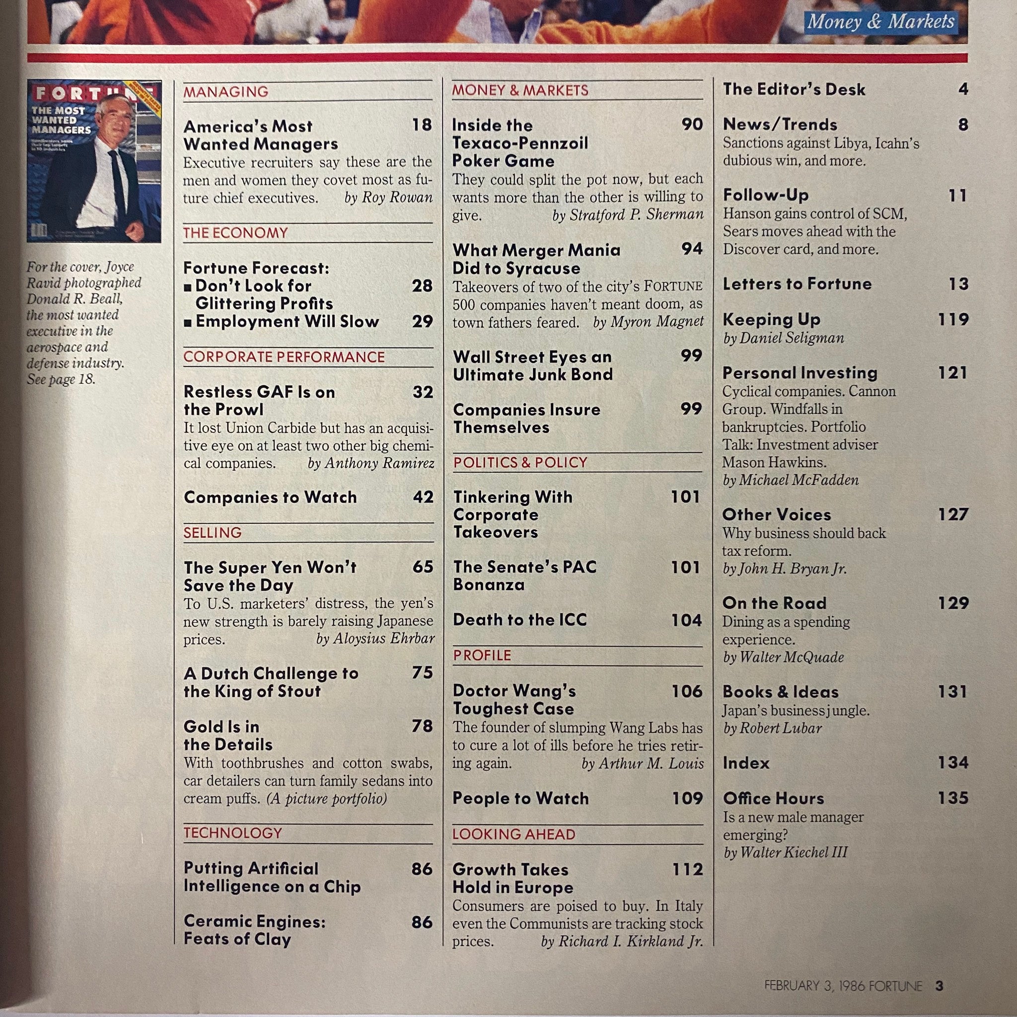 Table of contents from Fortune Magazine, February 3, 1986, featuring an overview of articles including topics on management, corporate performance, and economic forecasts.