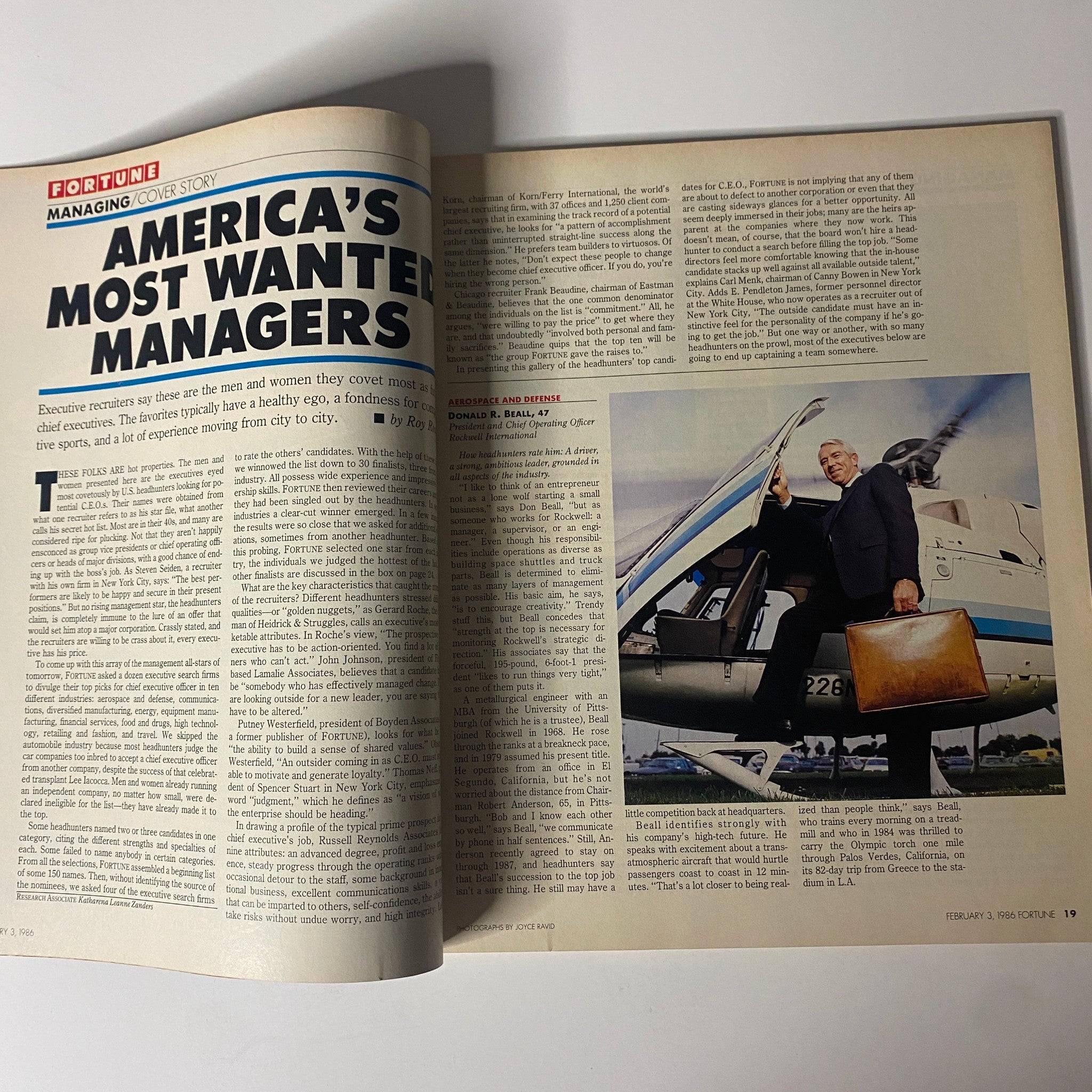 Page from Fortune Magazine, February 3, 1986, highlighting America's Most Wanted Managers with insights into corporate leadership and notable figures like Donald R. Beall.