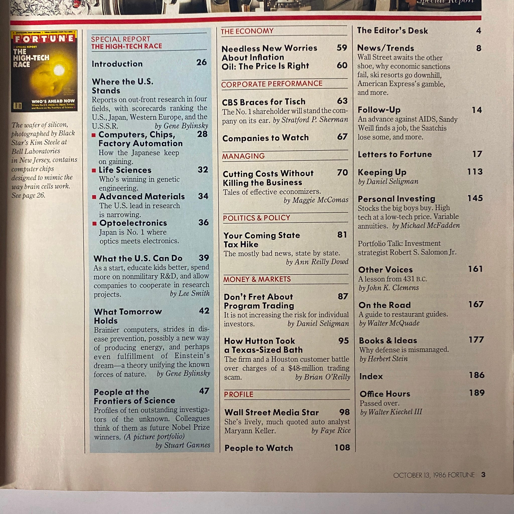 Table of contents from the October 13, 1986 issue of Fortune Magazine titled 'The High-Tech Race'. It lists key articles and features, focusing on advancements in technology and competitive global standings during the 1980s.