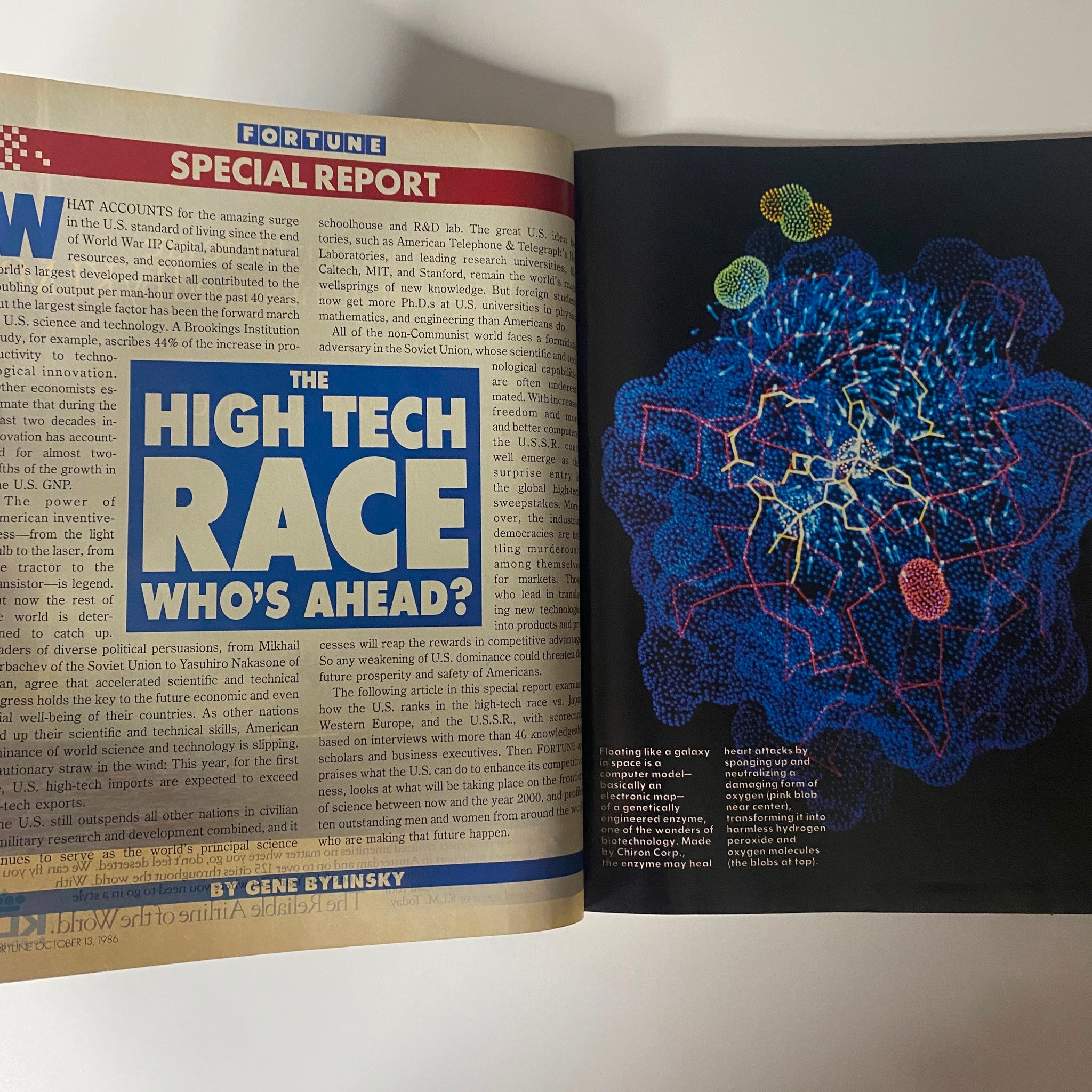 Inside spread of Fortune Magazine October 13, 1986, showcasing the article titled 'The High Tech Race: Who's Ahead?'. The page features bold headings and an illustration related to technological innovations, emphasizing the magazine's focus on the tech landscape.