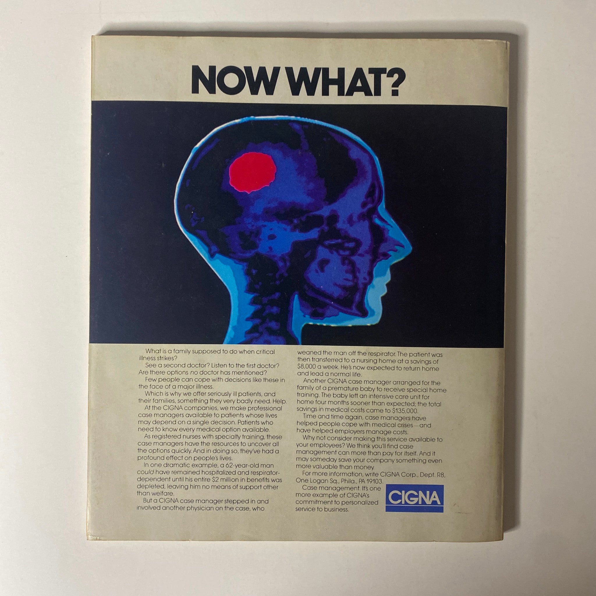 Back cover of Fortune Magazine October 13, 1986, featuring an artistic image of a human profile and text discussing critical illness care. This vintage magazine offers a glimpse into healthcare themes alongside its main feature on technological advancement.