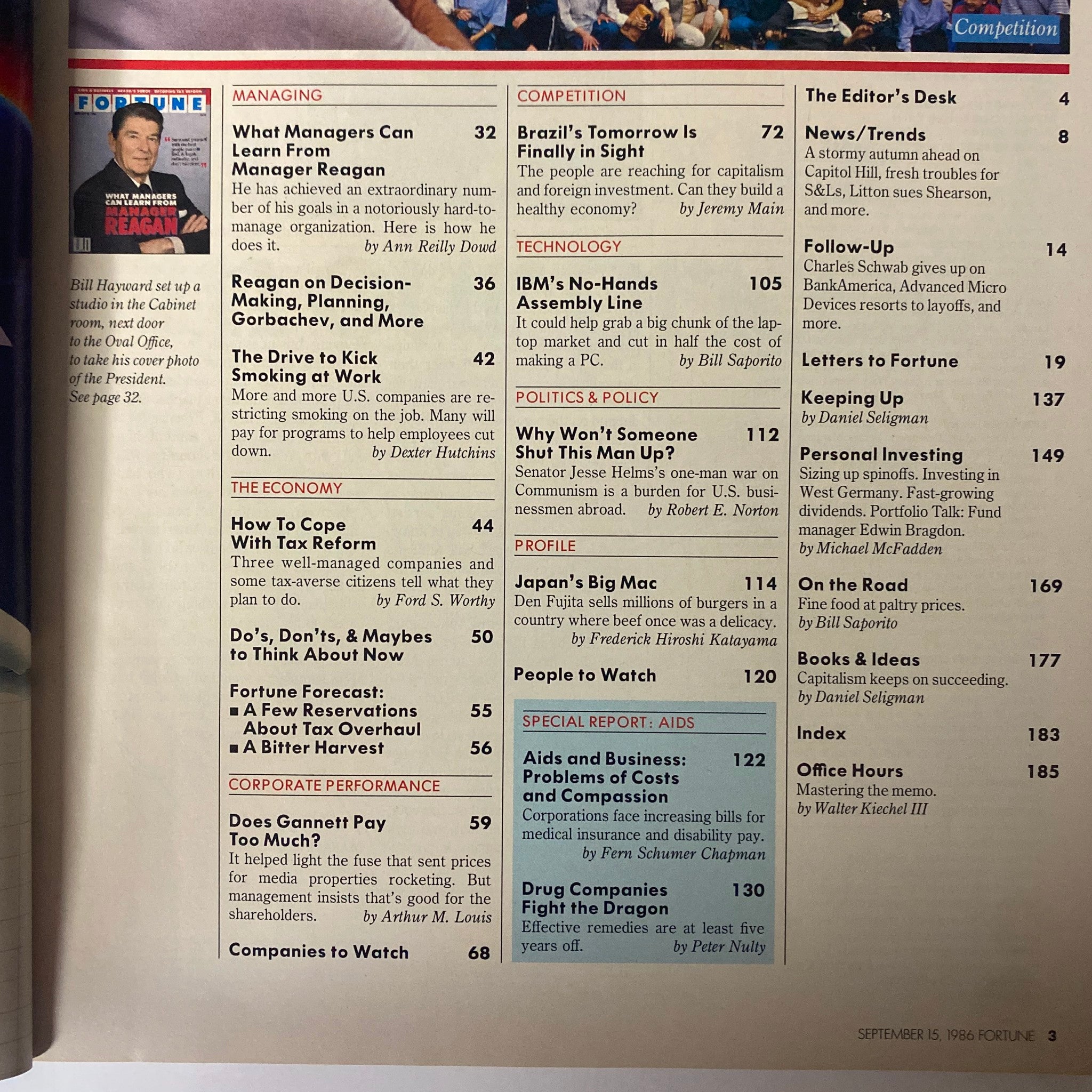 Table of contents from Fortune Magazine September 15, 1986, listing articles, including 'What Managers Can Learn From Manager Reagan' and others related to management and economic issues.