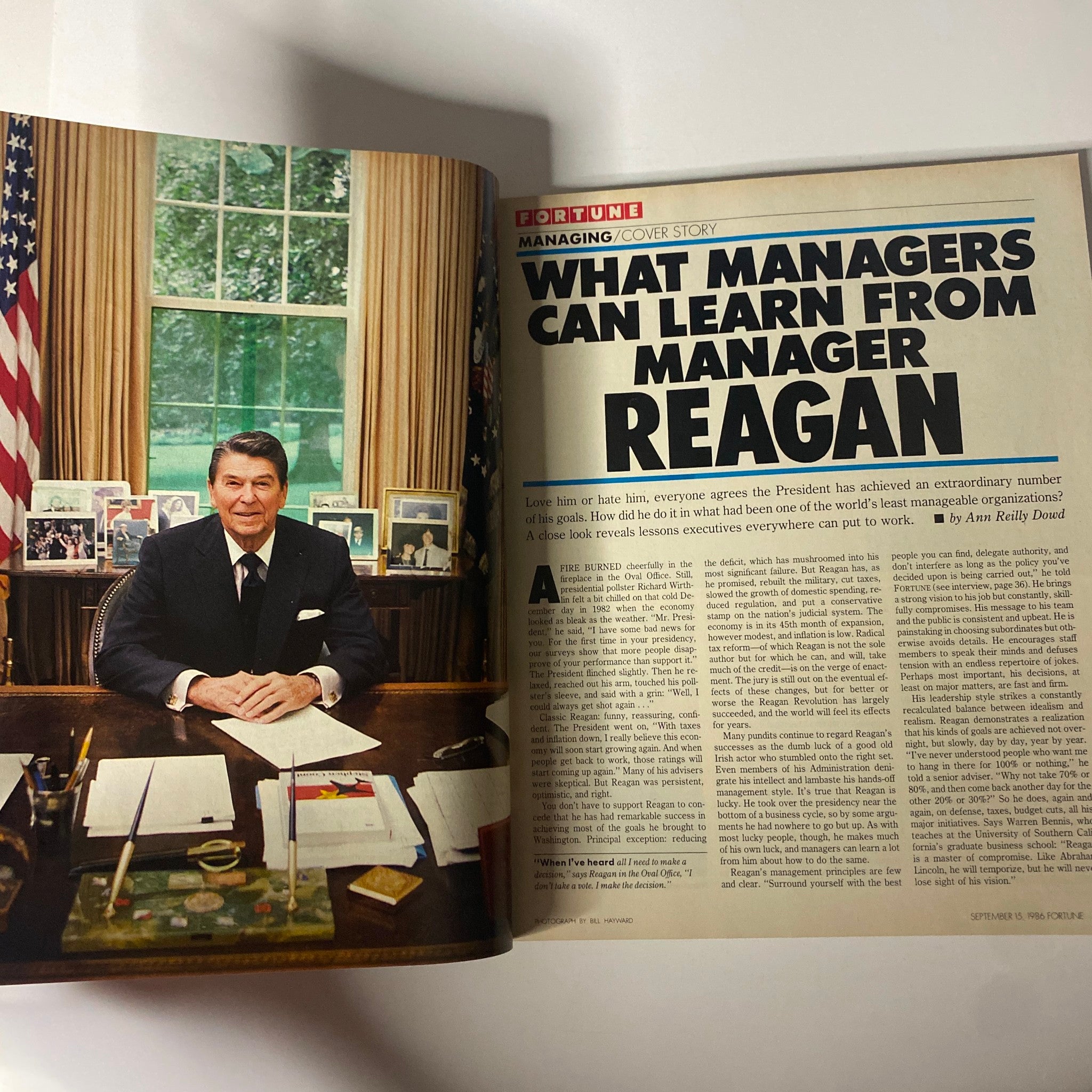 Inside page from Fortune Magazine September 15, 1986, displaying the article 'What Managers Can Learn From Manager Reagan' with an image of Reagan at his desk, discussing leadership strategies.
