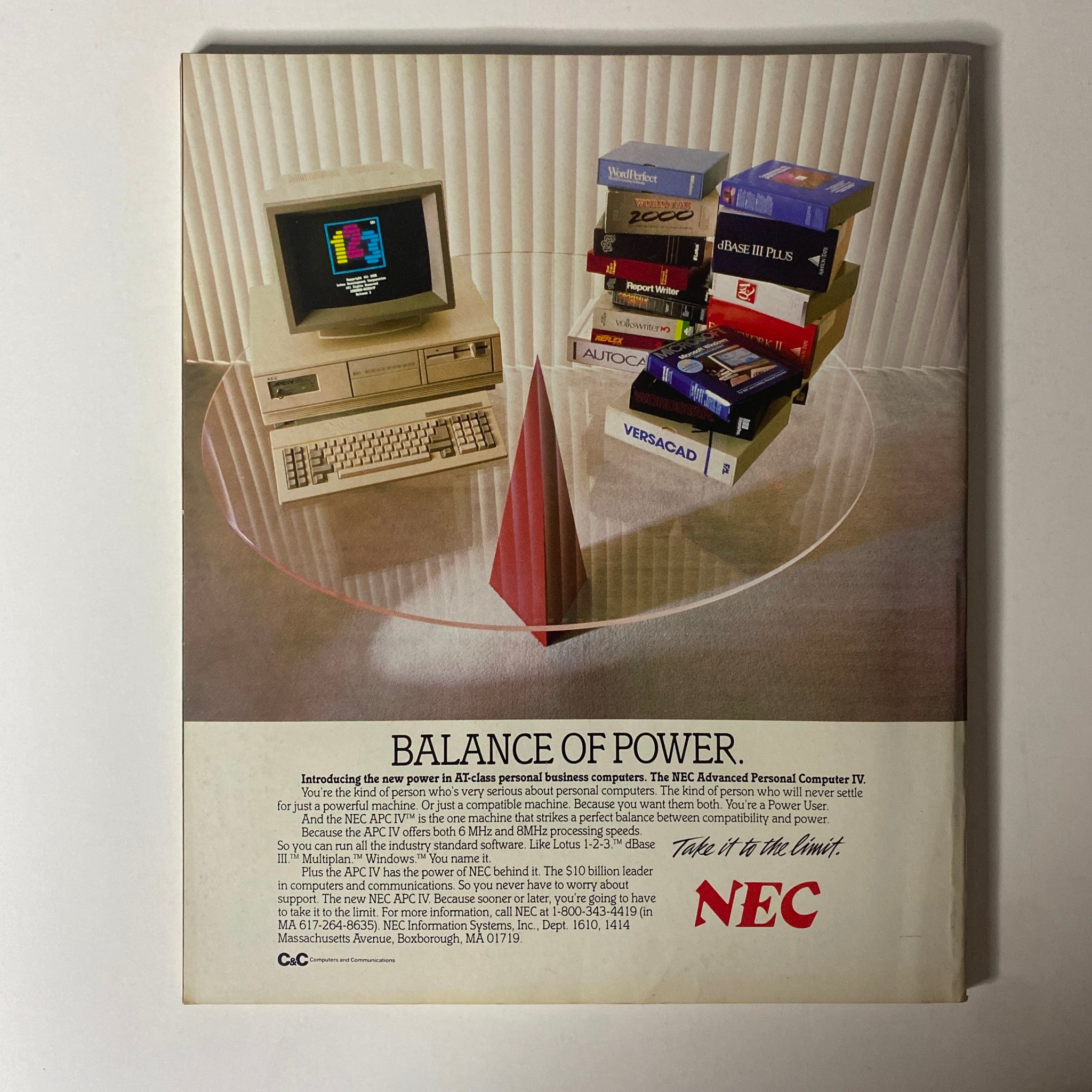Fortune Magazine September 15, 1986 featuring President Ronald Reagan. Image shows a vintage personal computer setup surrounded by software boxes. The ad highlights the NEC Advanced Personal Computer IV, demonstrating its capabilities in a stylish office environment.