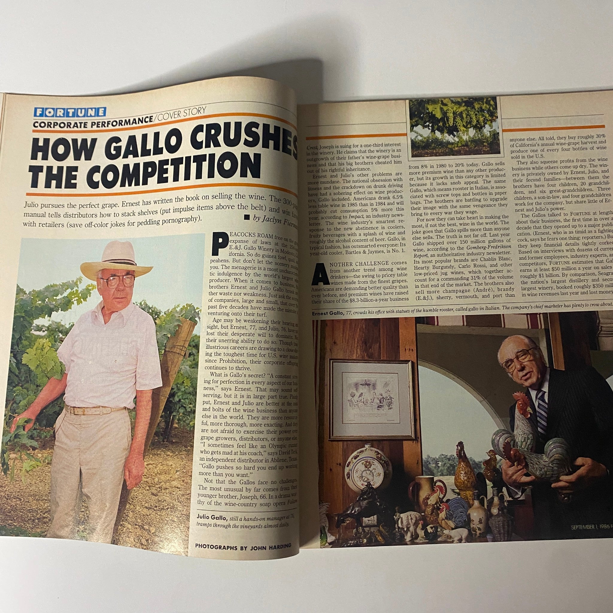 Fortune Magazine September 1, 1986 features an article titled 'How Gallo Crushes the Competition' with images of Ernest and Julio Gallo in a vineyard, showcasing their influence on the wine industry.