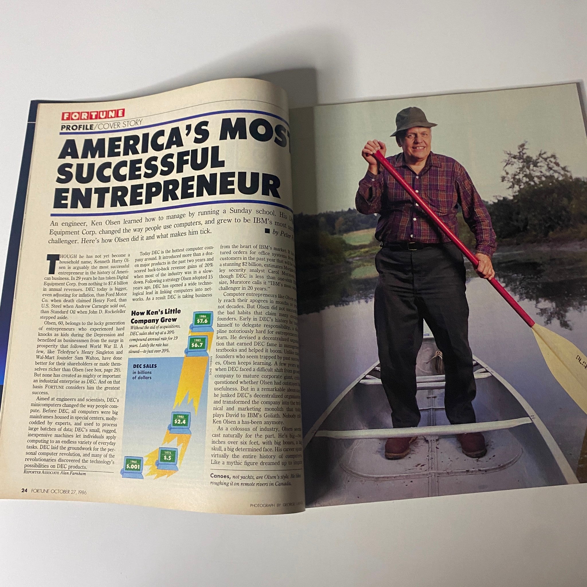 An interior page from Fortune Magazine October 27, 1986, featuring the article 'America's Most Successful Entrepreneur' showcasing Ken Olsen and his impact on computing.