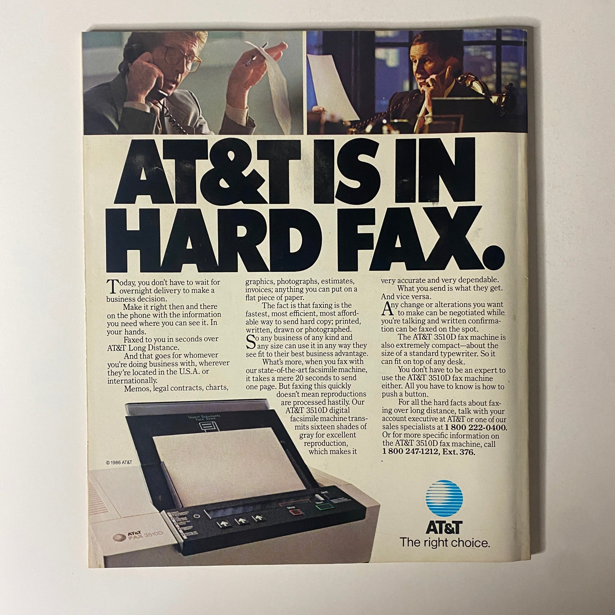 Advertisement from Fortune Magazine October 27, 1986 promoting AT&T fax services, highlighting efficient business communication.