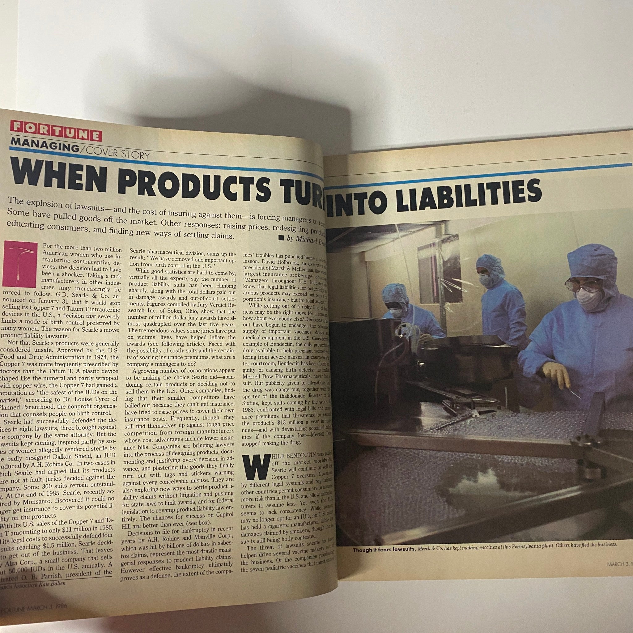 Article titled 'When Products Turn into Liabilities' from Fortune Magazine March 3, 1986, discussing the legal implications surrounding product liability.